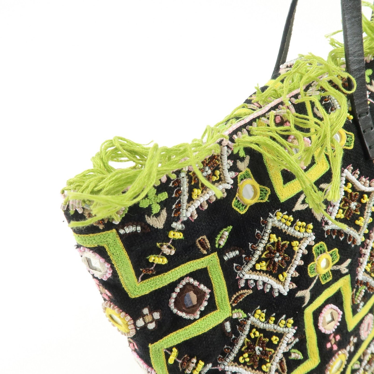 FENDI Canvas Leather Beaded Embroidery Tote Bag Hand Bag Black  d