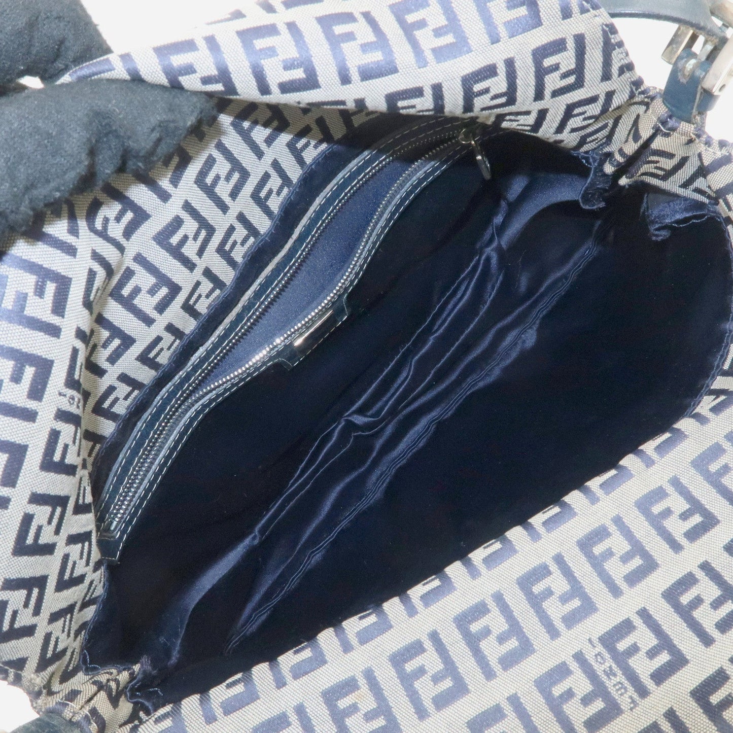 FENDI Zucchino Canvas Leather Shoulder Bag Hand Bag Grey Navy 26796  d