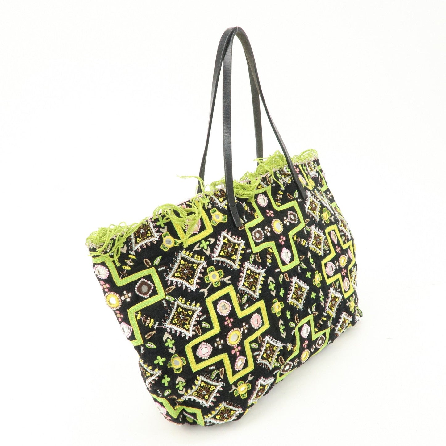 FENDI Canvas Leather Beaded Embroidery Tote Bag Hand Bag Black  d