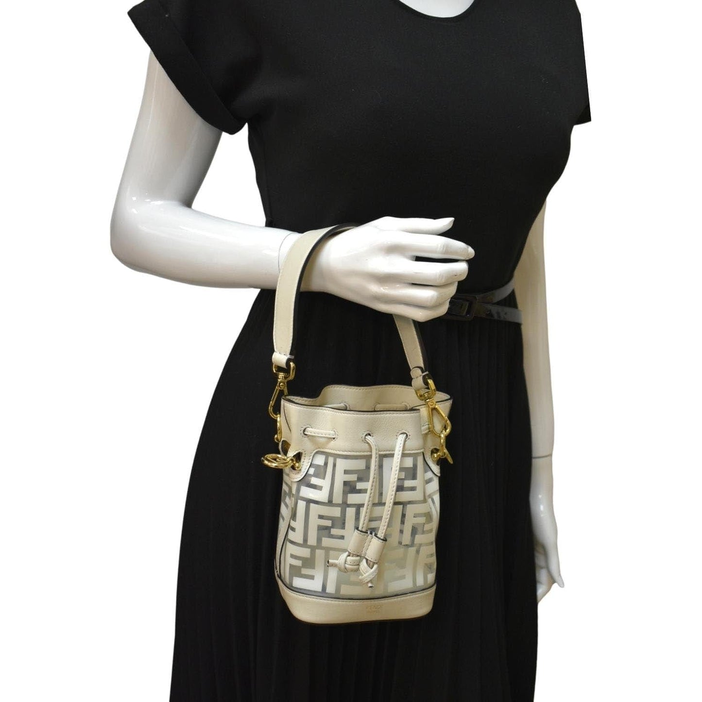 FENDI Mon Tresor Drawstring FF PVC Leather Bucket Bag White