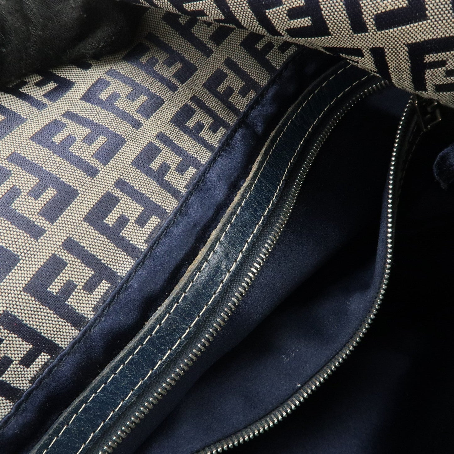FENDI Zucchino Canvas Leather Shoulder Bag Hand Bag Grey Navy 26796  d
