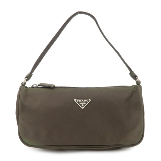 PRADA Triangle Logo Nylon Leather Accessory Pouch Hand Bag Khaki Silver HDW  d