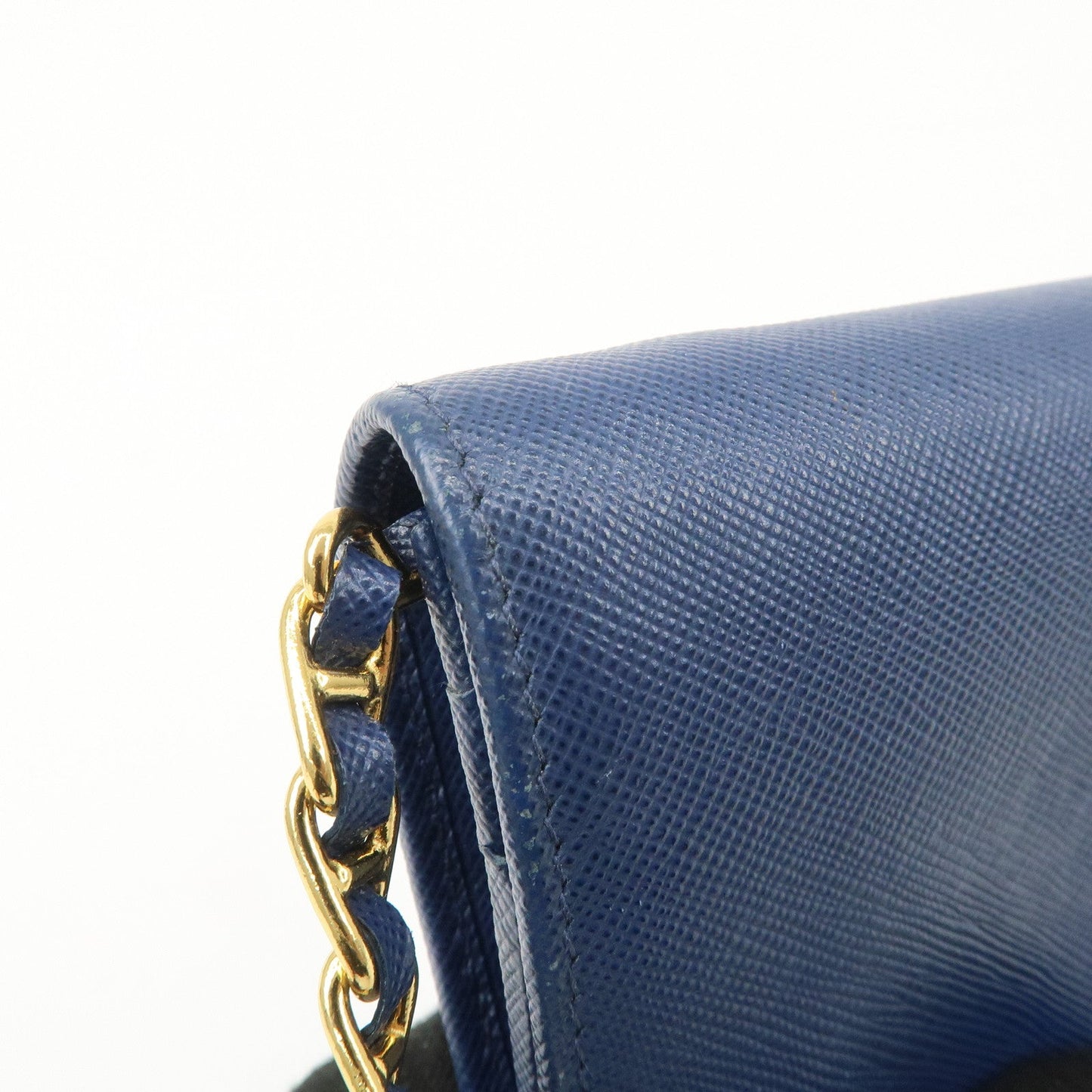 PRADA Logo Leather Chain Wallet WOC Blue Gold Hardware 1MT290  d