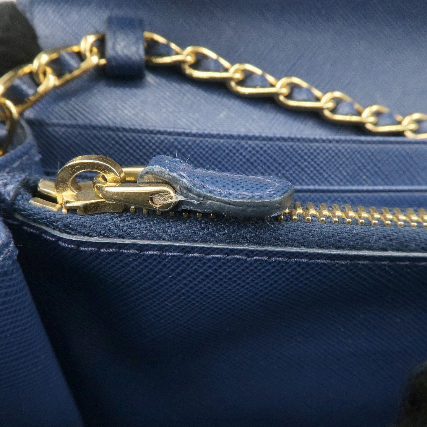 PRADA Logo Leather Chain Wallet WOC Blue Gold Hardware 1MT290  d