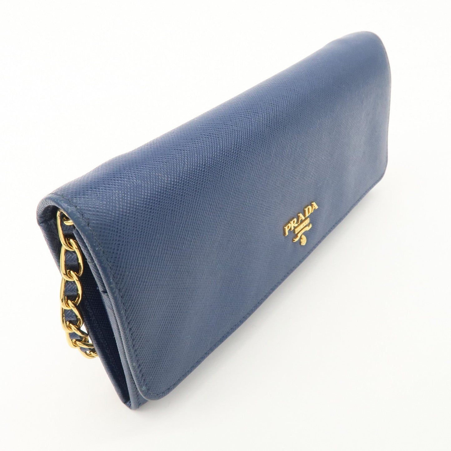 PRADA Logo Leather Chain Wallet WOC Blue Gold Hardware 1MT290  d
