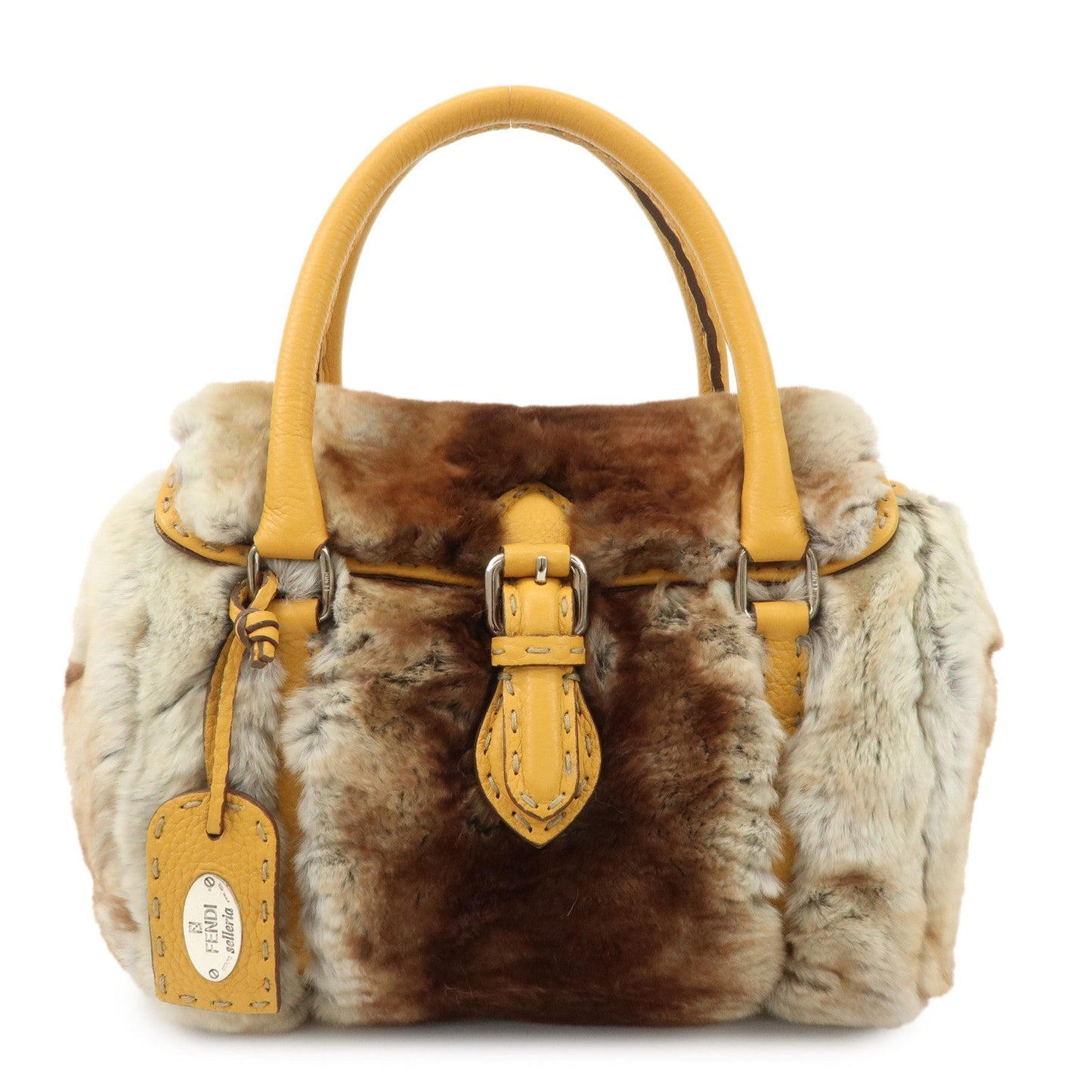 FENDI Seleria Leather Fur Mini Linda Hand Bag Brown White 8BR486  d