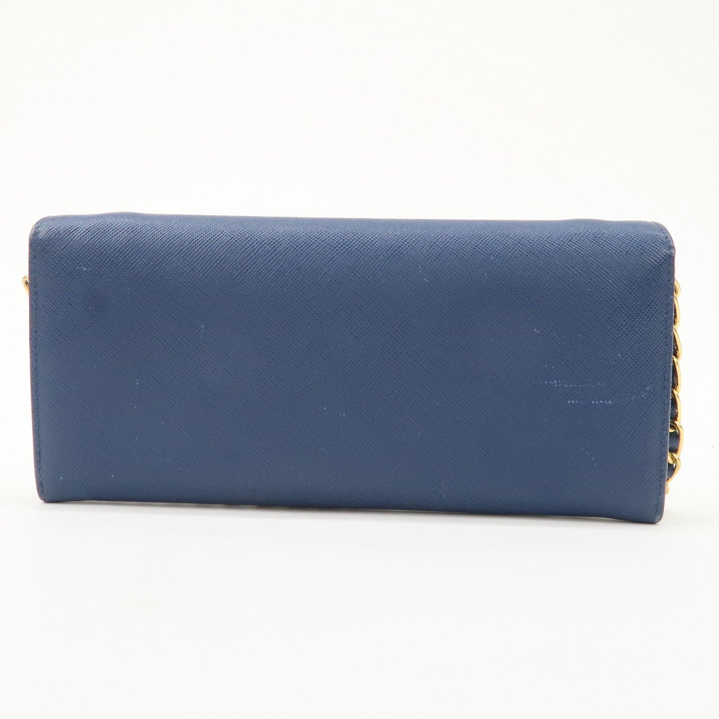 PRADA Logo Leather Chain Wallet WOC Blue Gold Hardware 1MT290  d