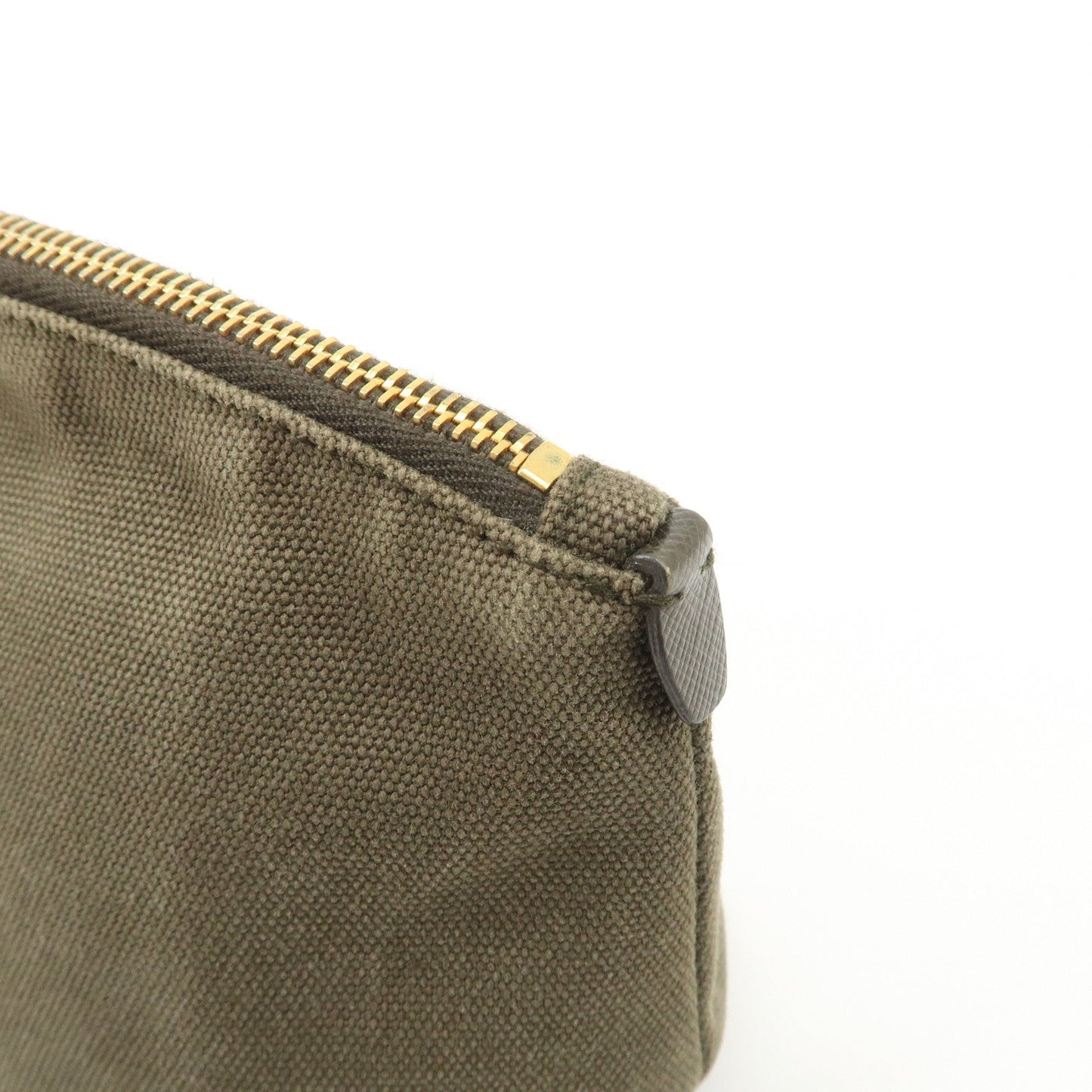 PRADA Triangle Logo Canvas Leather Cosmetic Pouch Khaki 1N1857  d