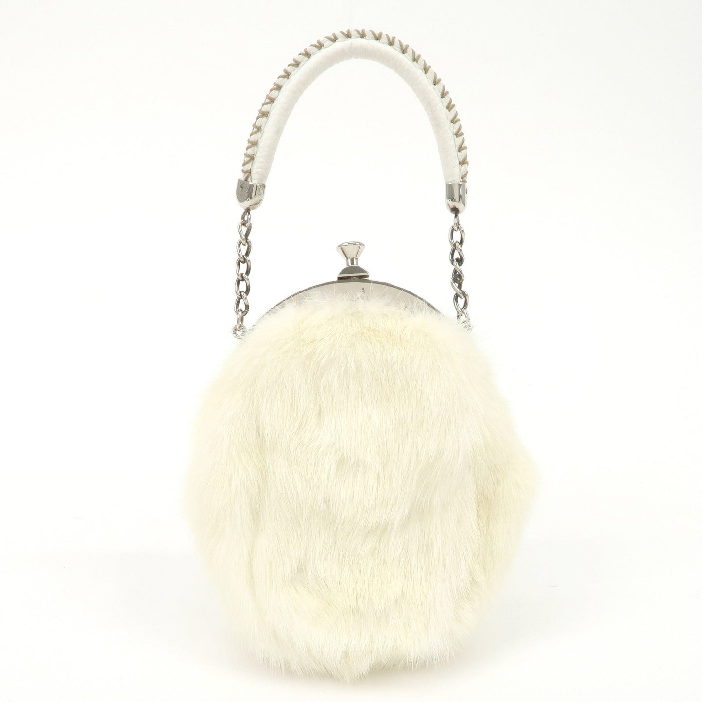 FENDI Seleria Leather Fur Flower Motif Kiss Lock Pouch Hand Bag 8BK048  d