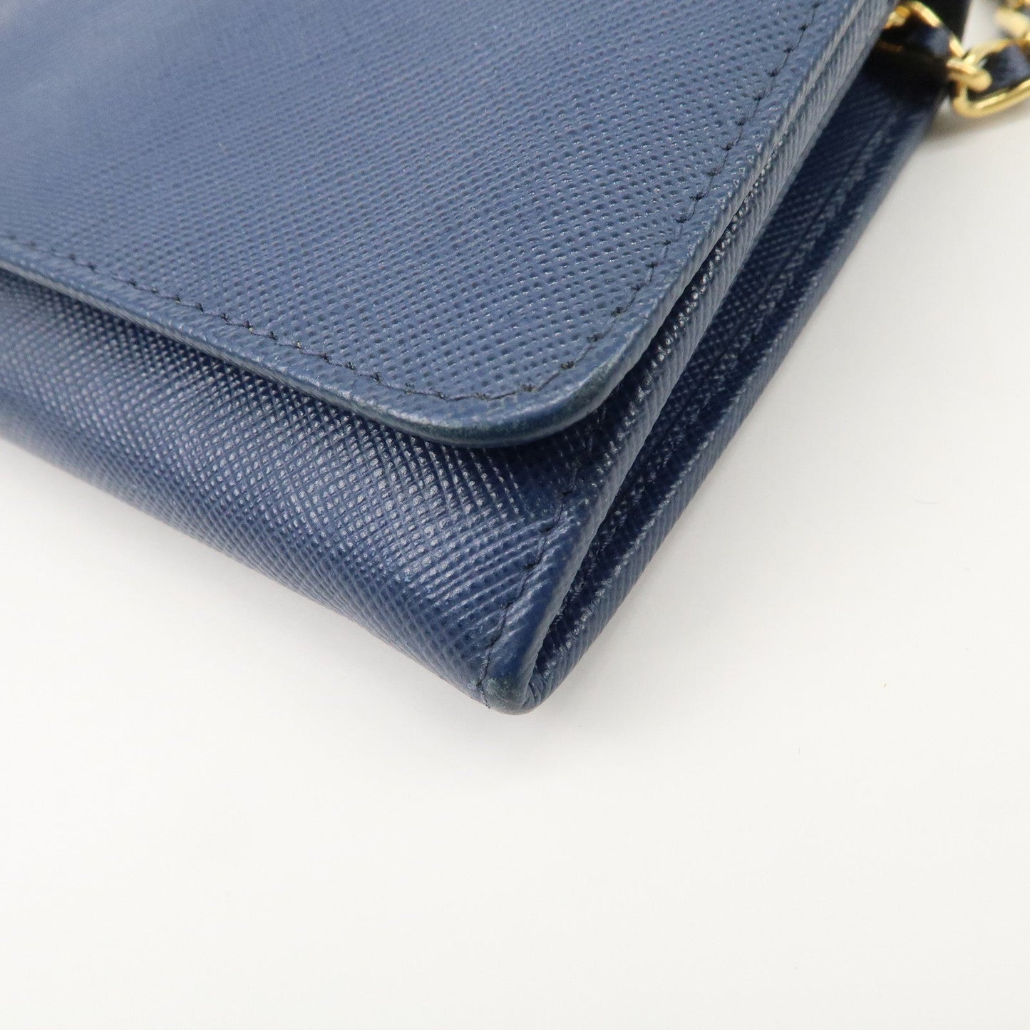 PRADA Logo Leather Chain Wallet WOC Blue Gold Hardware 1MT290  d