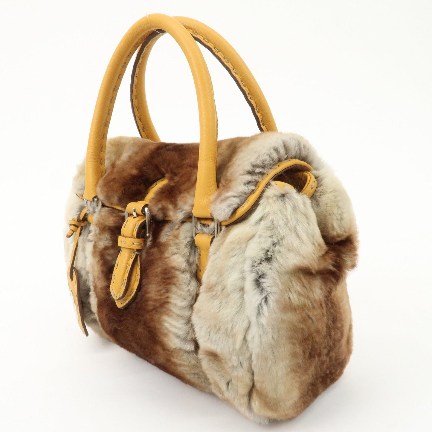 FENDI Seleria Leather Fur Mini Linda Hand Bag Brown White 8BR486  d
