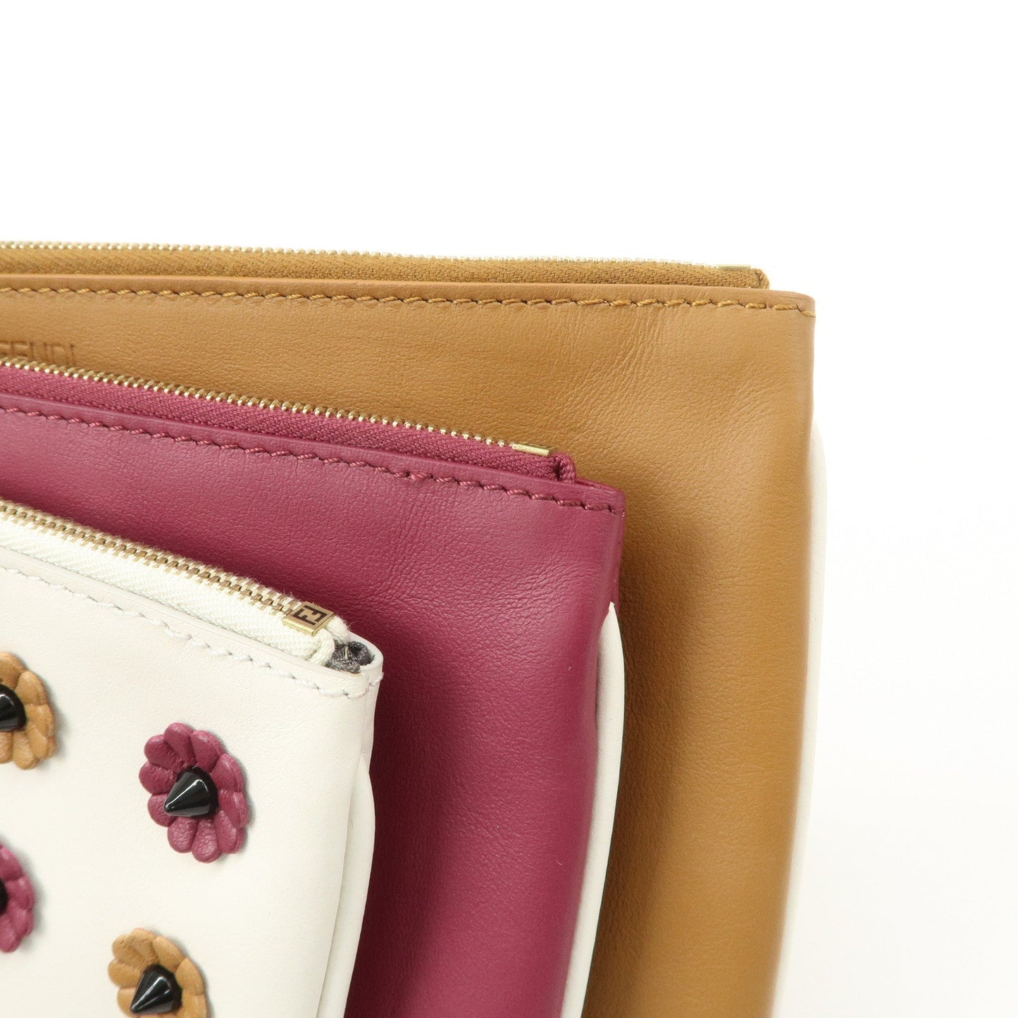 FENDI Leather Flower Studs Triplet Pouch Hand Bag 8BS001  d