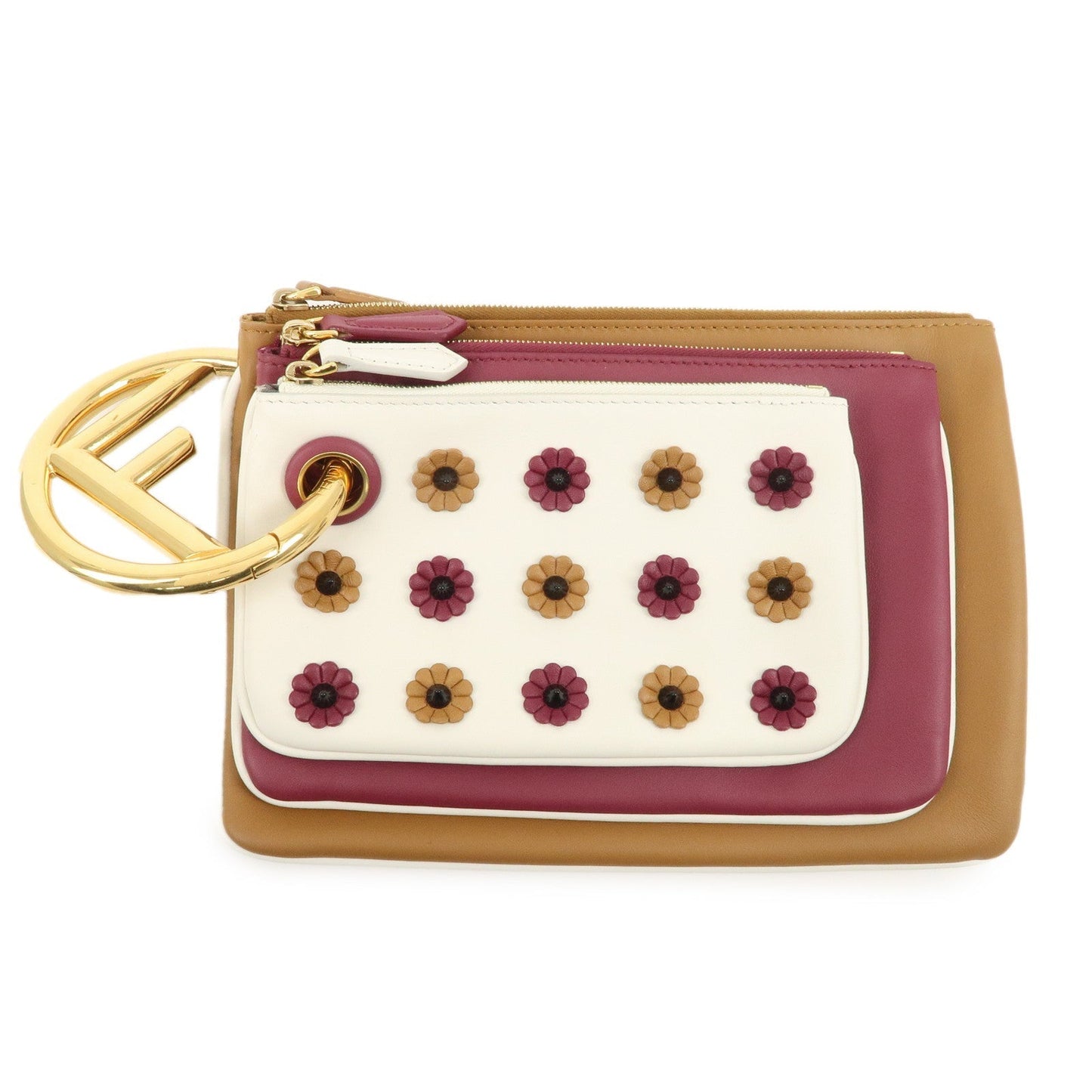 FENDI Leather Flower Studs Triplet Pouch Hand Bag 8BS001  d