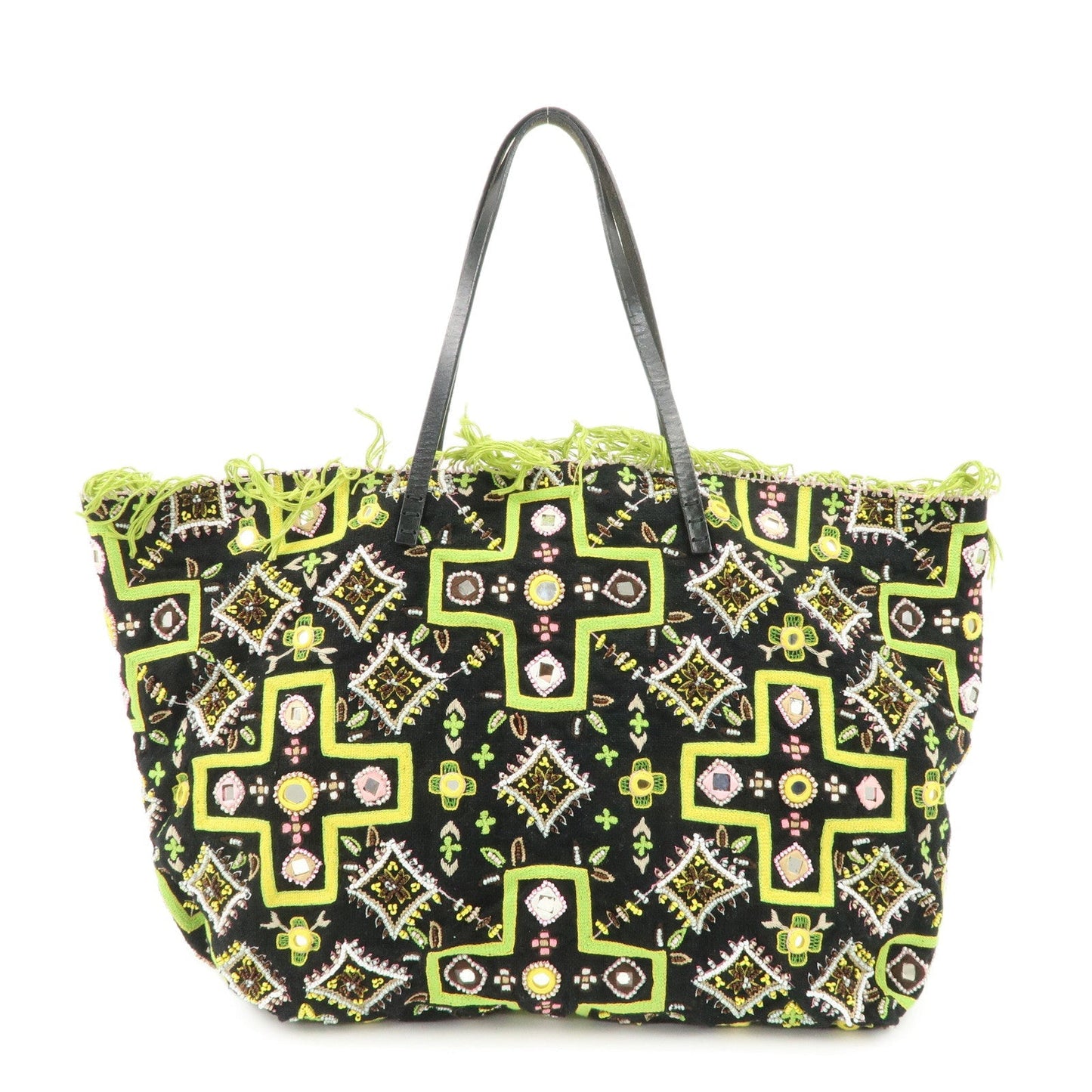 FENDI Canvas Leather Beaded Embroidery Tote Bag Hand Bag Black  d