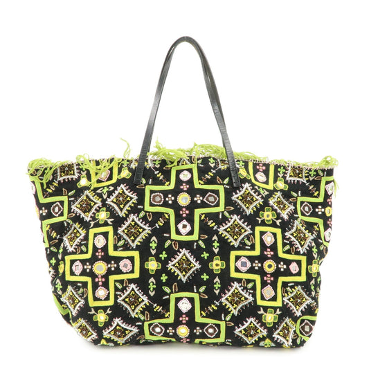FENDI Canvas Leather Beaded Embroidery Tote Bag Hand Bag Black  d