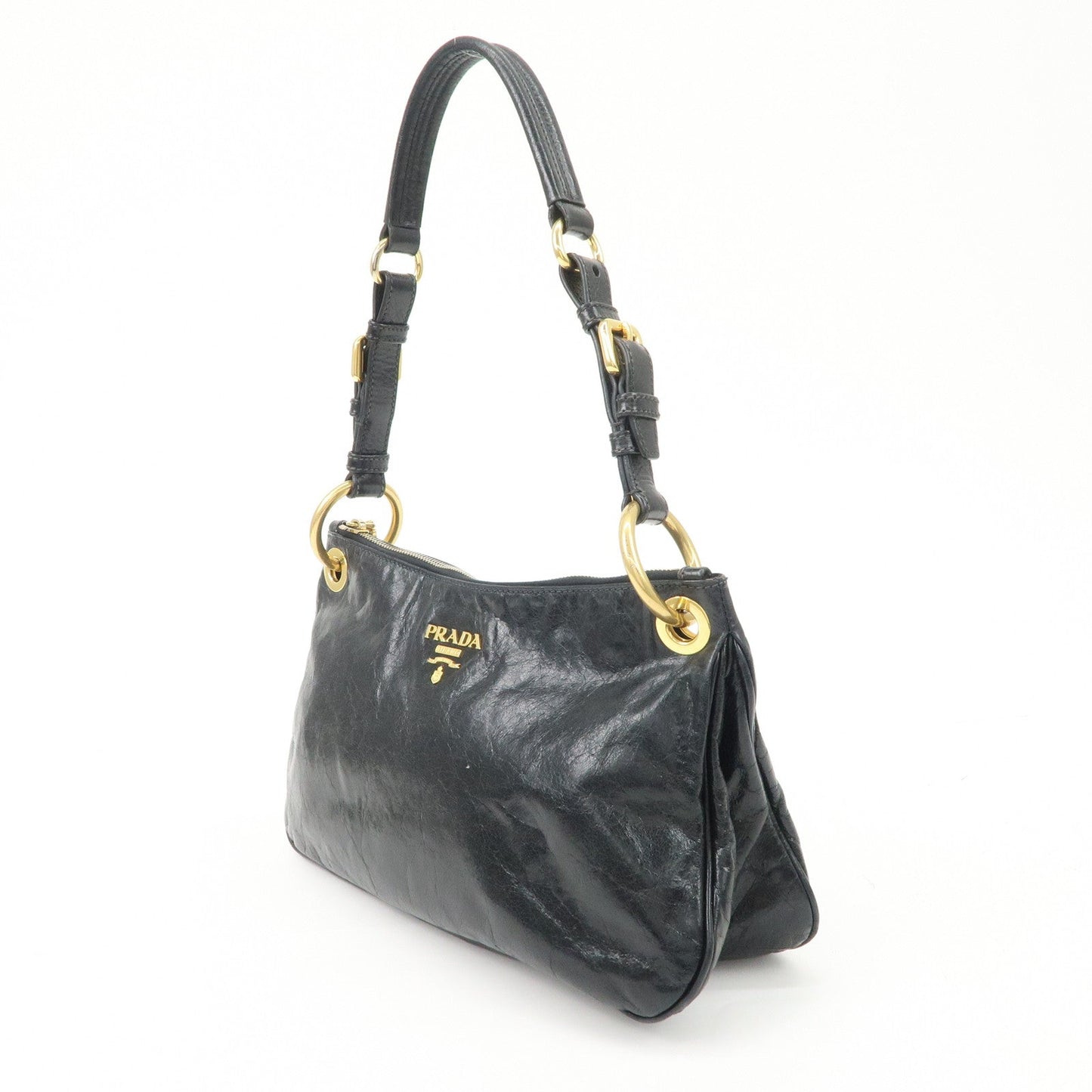 PRADA Logo Leather Shoulder Bag Hand Bag Gold Hardware Black  d