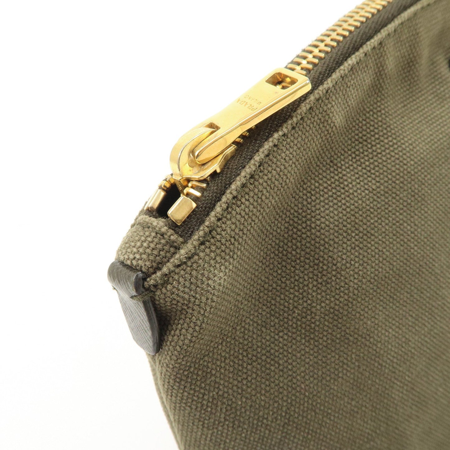 PRADA Triangle Logo Canvas Leather Cosmetic Pouch Khaki 1N1857  d