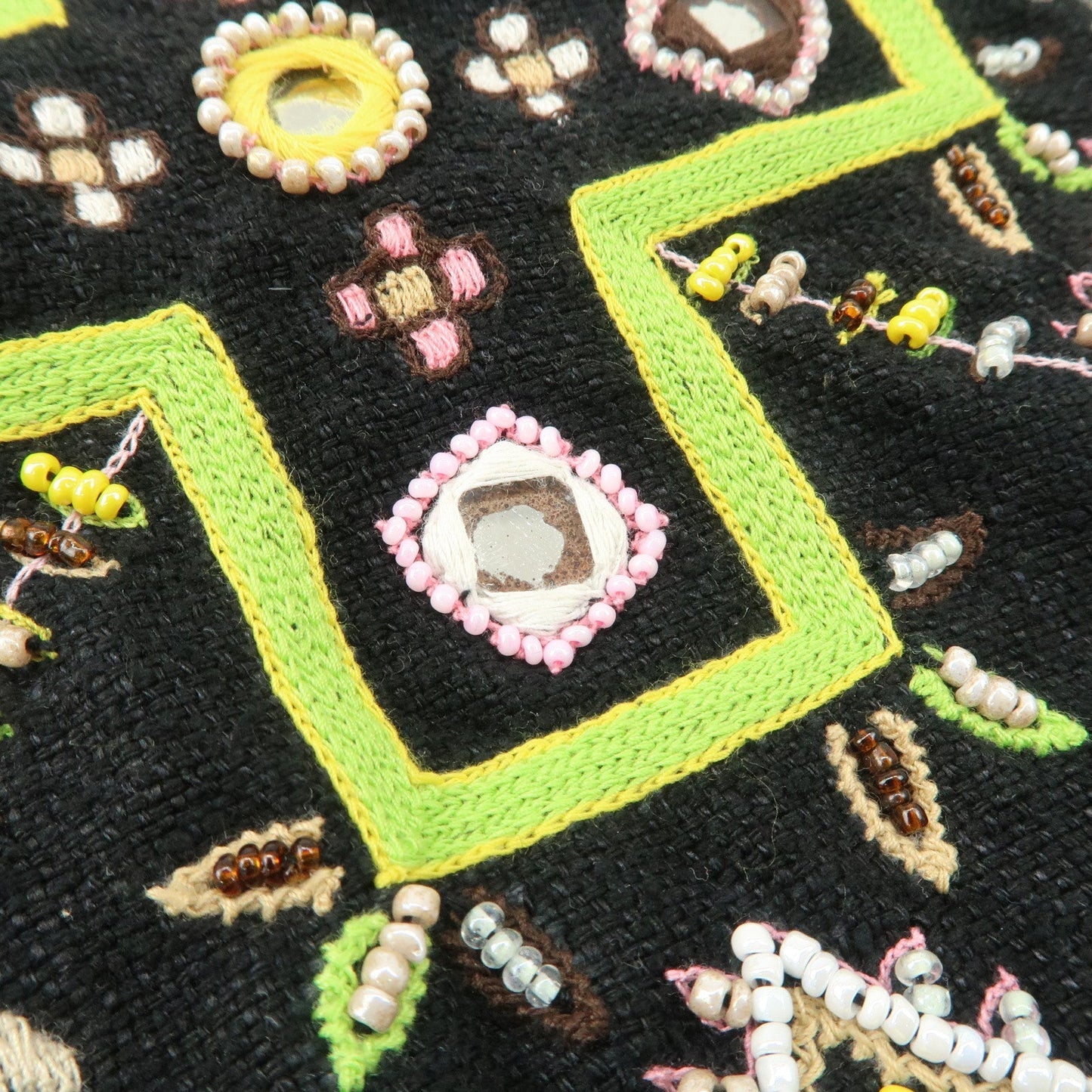 FENDI Canvas Leather Beaded Embroidery Tote Bag Hand Bag Black  d
