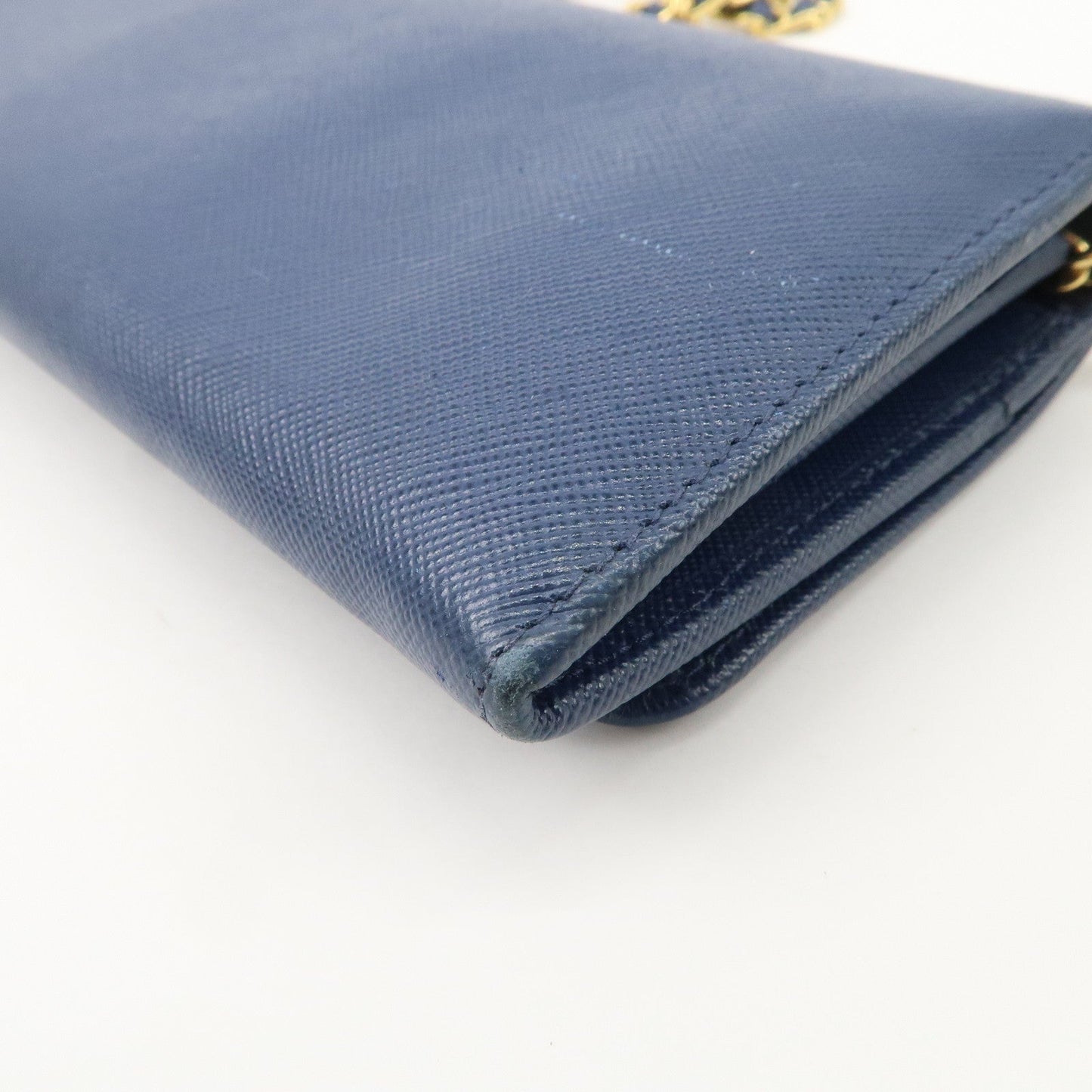 PRADA Logo Leather Chain Wallet WOC Blue Gold Hardware 1MT290  d