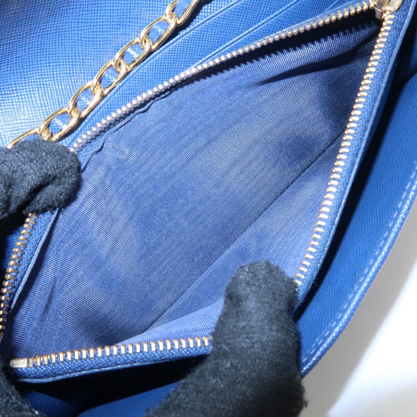 PRADA Logo Leather Chain Wallet WOC Blue Gold Hardware 1MT290  d