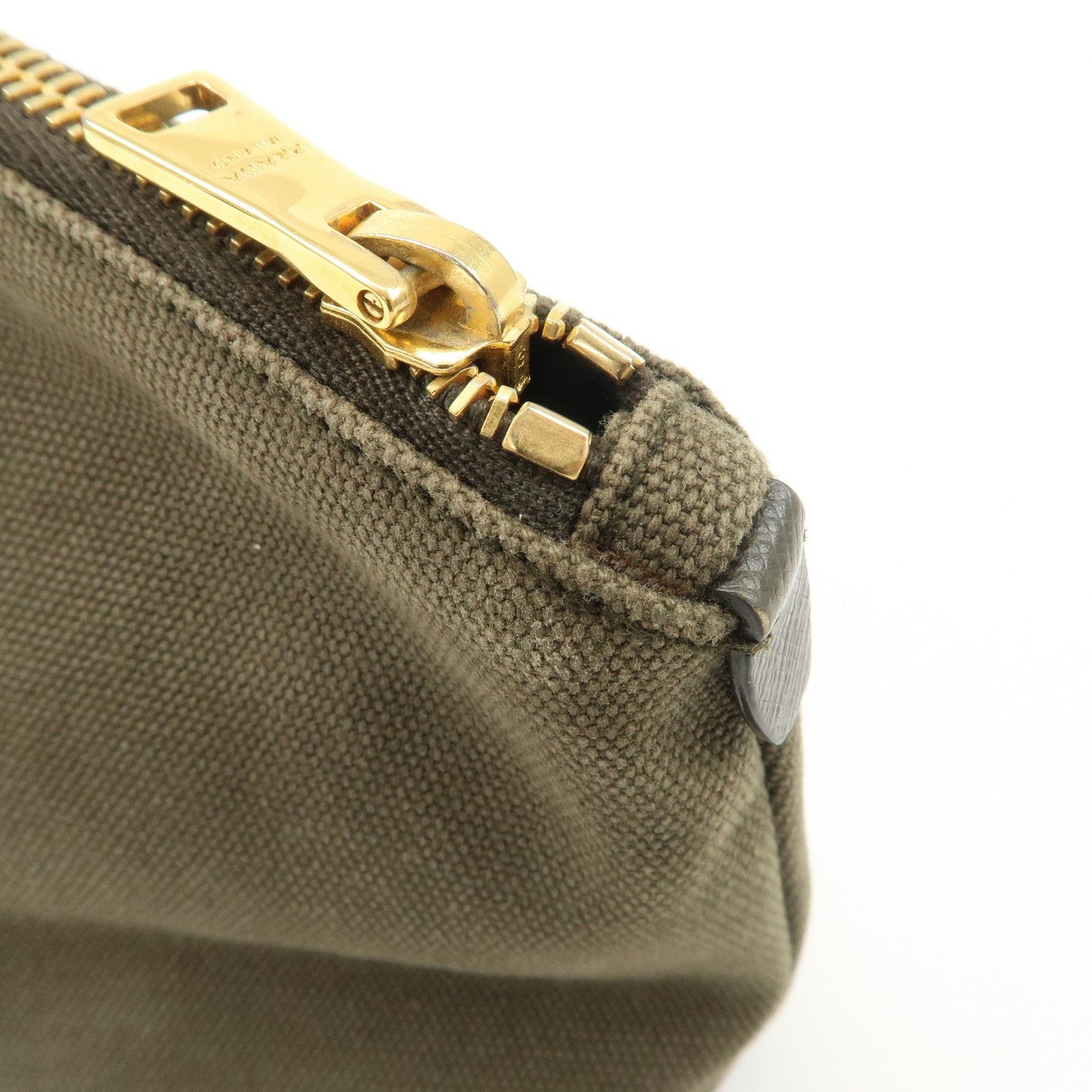PRADA Triangle Logo Canvas Leather Cosmetic Pouch Khaki 1N1857  d