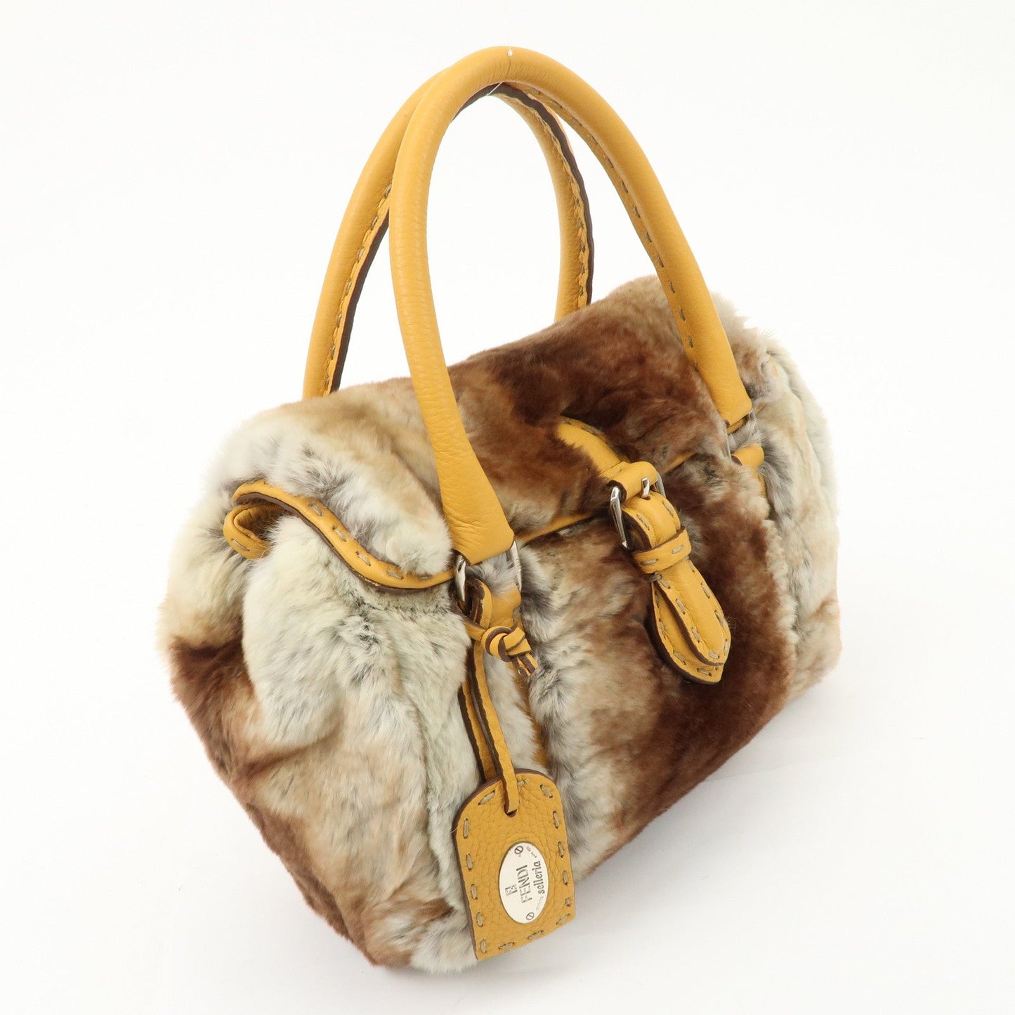 FENDI Seleria Leather Fur Mini Linda Hand Bag Brown White 8BR486  d