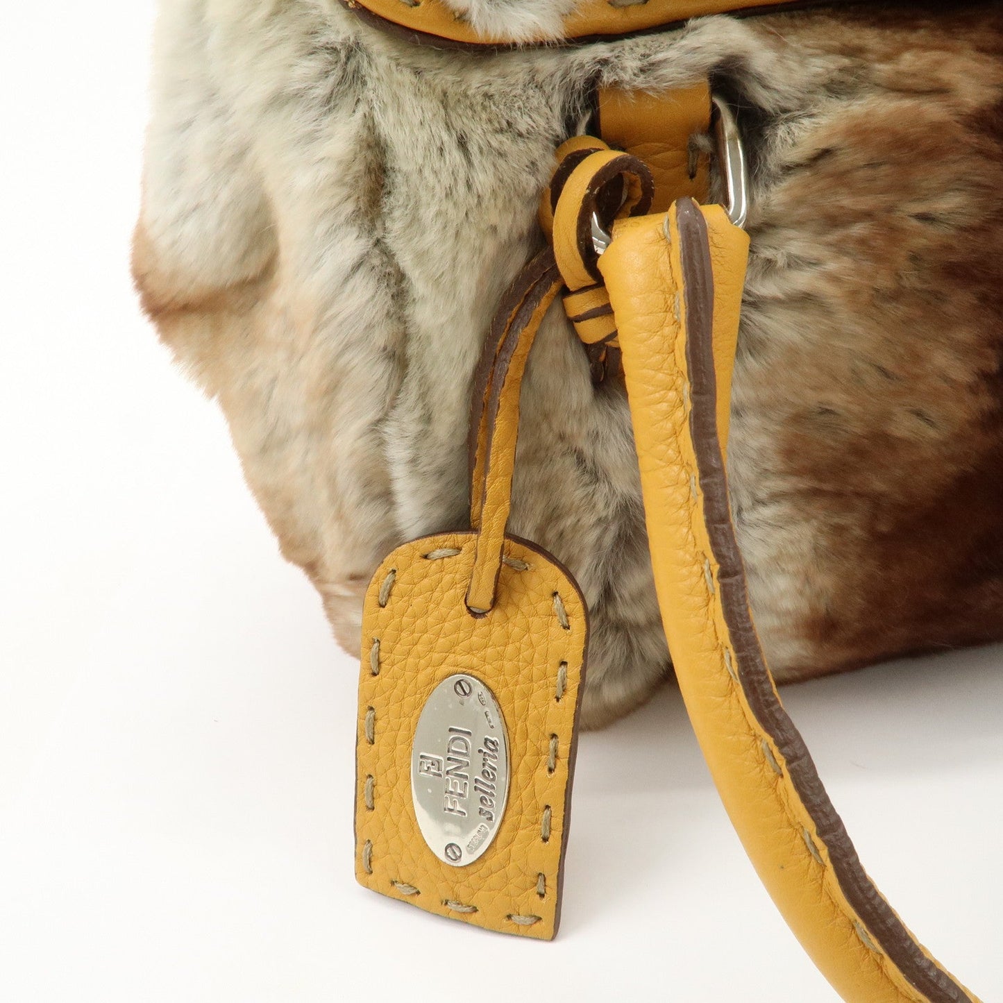 FENDI Seleria Leather Fur Mini Linda Hand Bag Brown White 8BR486  d