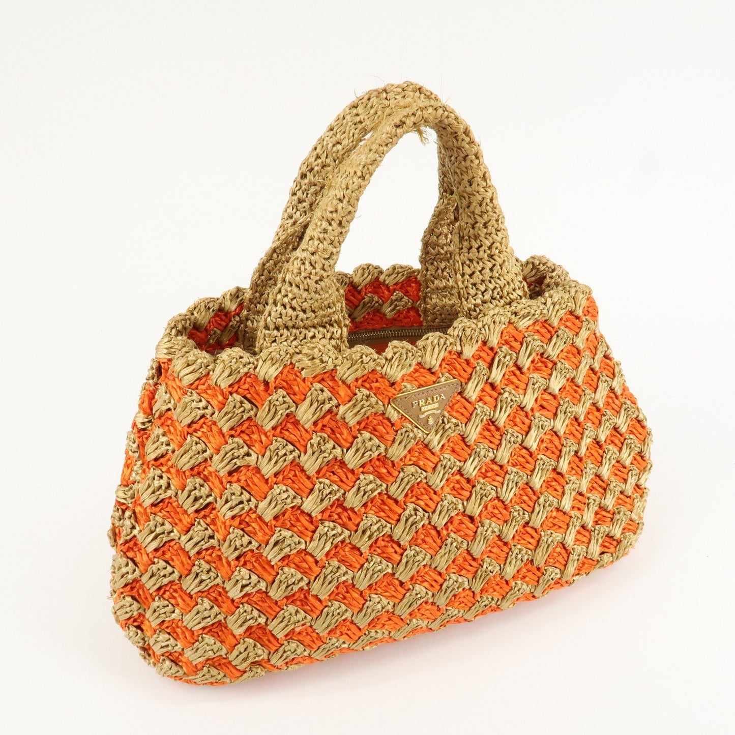 PRADA Triangl Logo Braded Tote Bag Hand Bag Orange Beige  d
