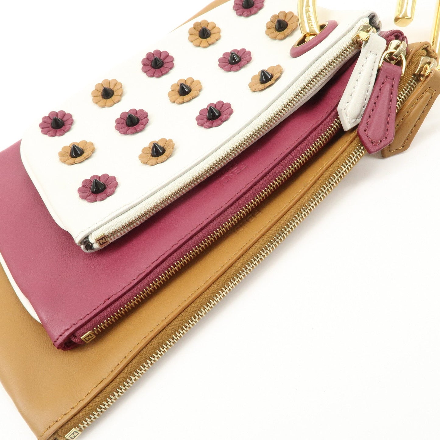 FENDI Leather Flower Studs Triplet Pouch Hand Bag 8BS001  d