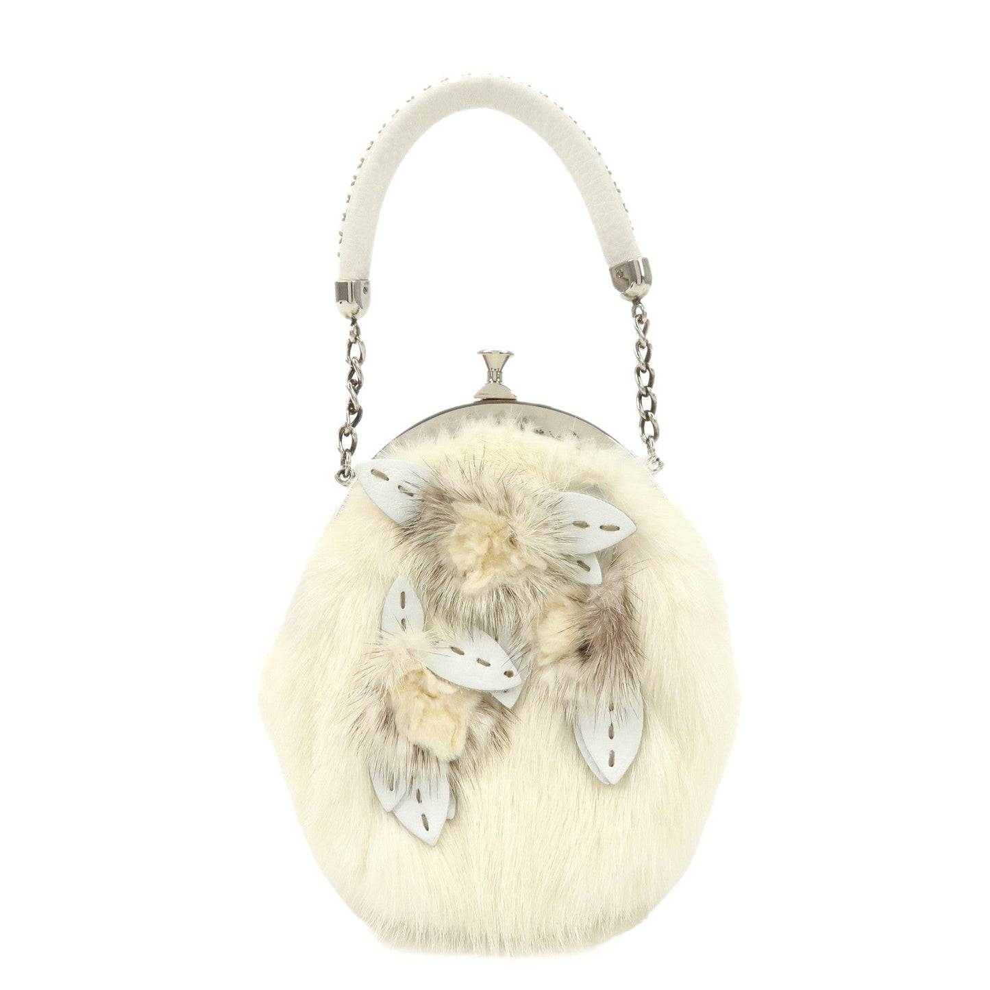 FENDI Seleria Leather Fur Flower Motif Kiss Lock Pouch Hand Bag 8BK048  d