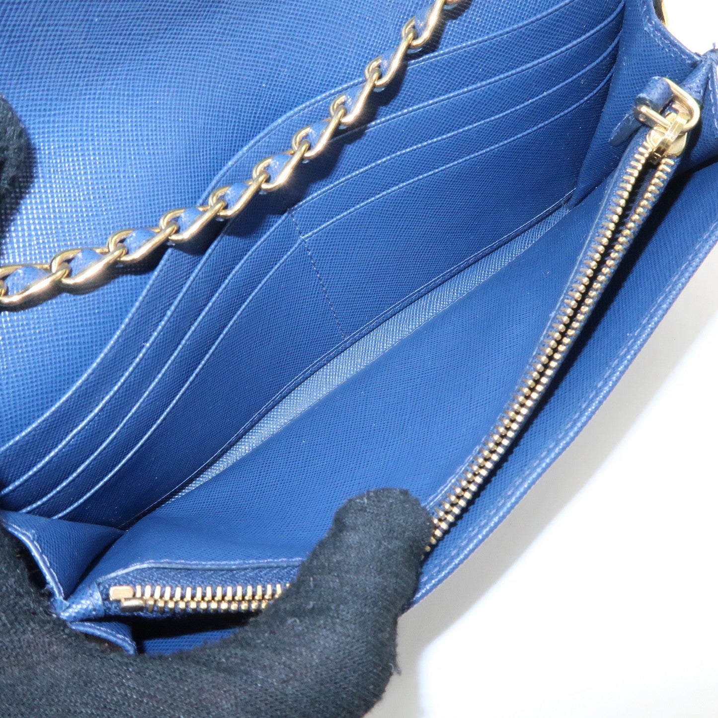 PRADA Logo Leather Chain Wallet WOC Blue Gold Hardware 1MT290  d