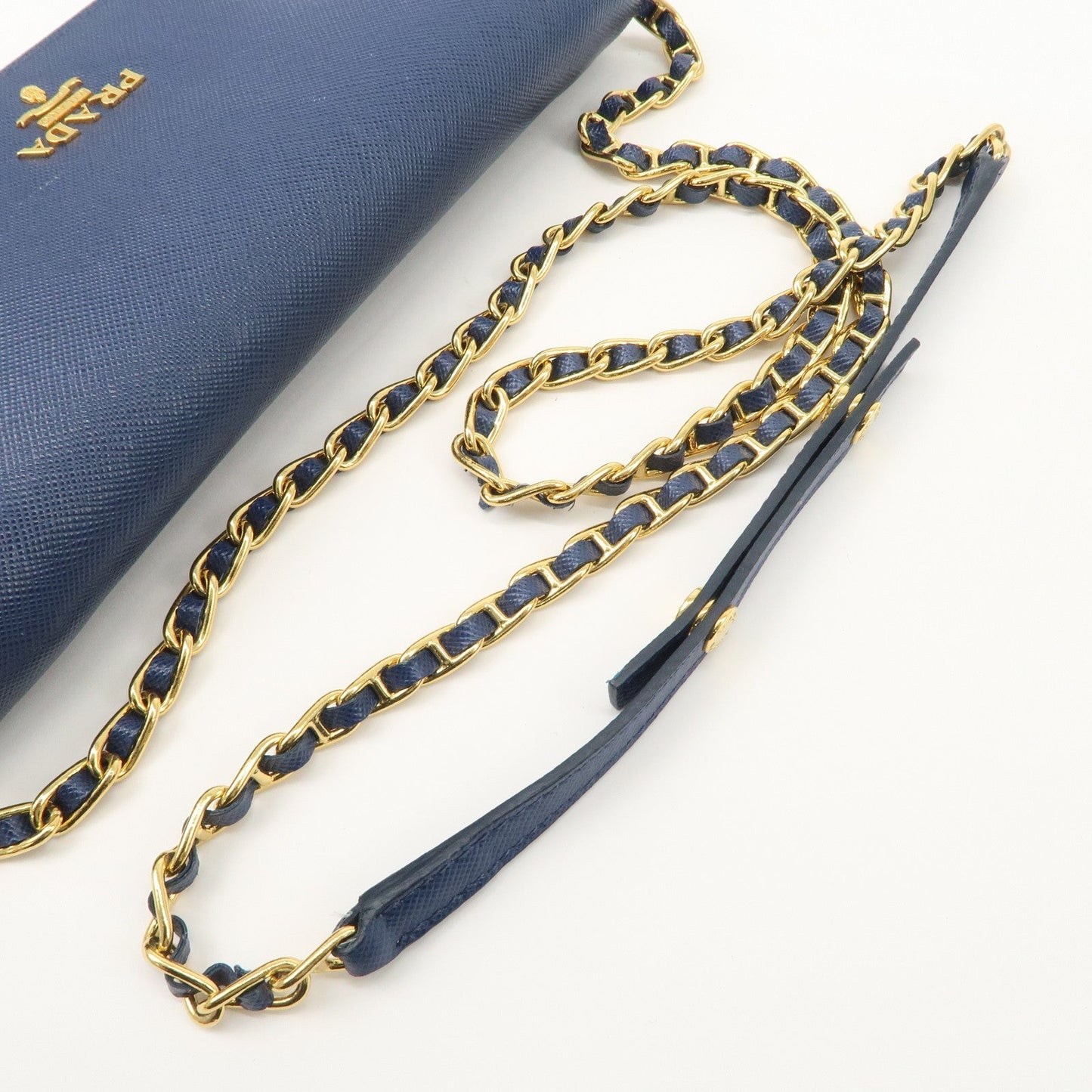 PRADA Logo Leather Chain Wallet WOC Blue Gold Hardware 1MT290  d