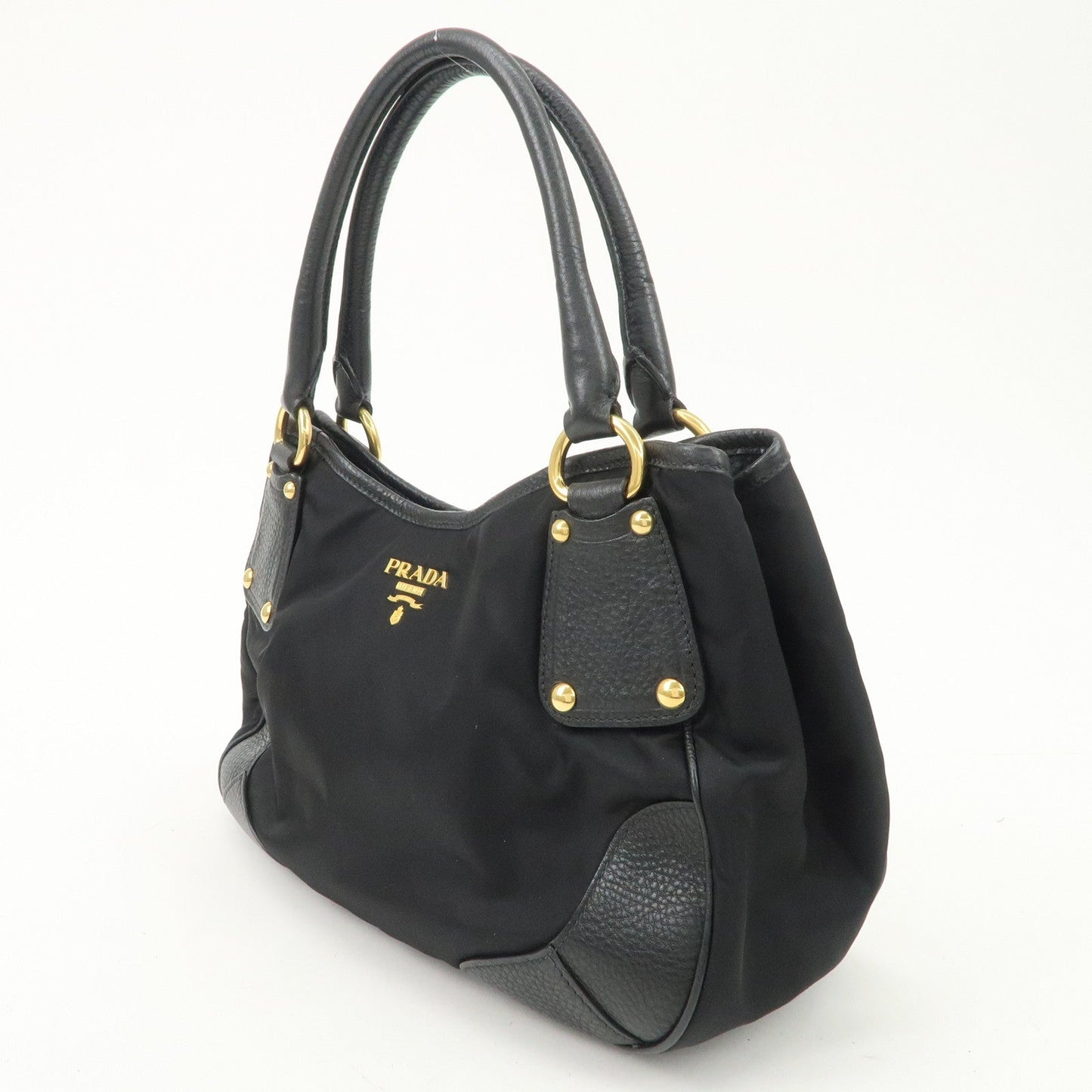 PRADA Nylon Leather Tote Bag Shoulder Bag Black Gold HDW BR4635  d