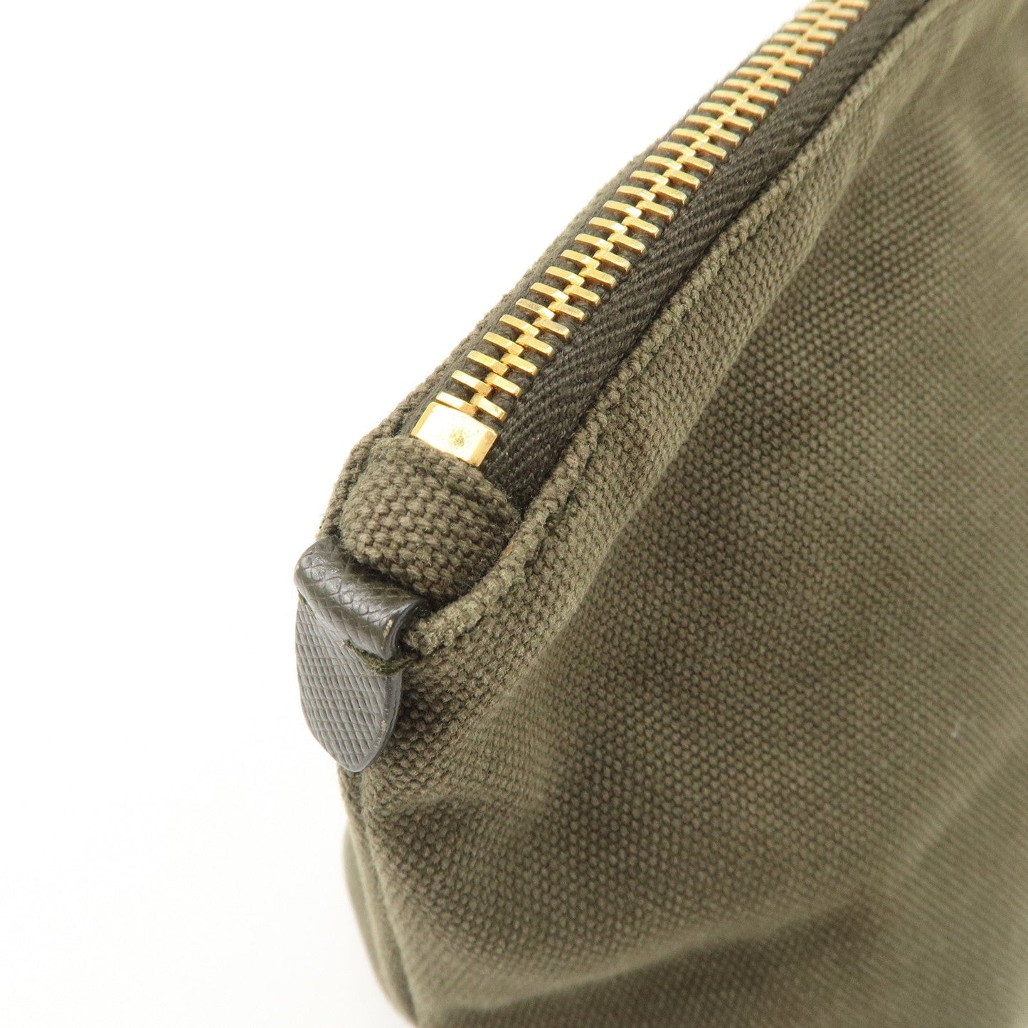 PRADA Triangle Logo Canvas Leather Cosmetic Pouch Khaki 1N1857  d