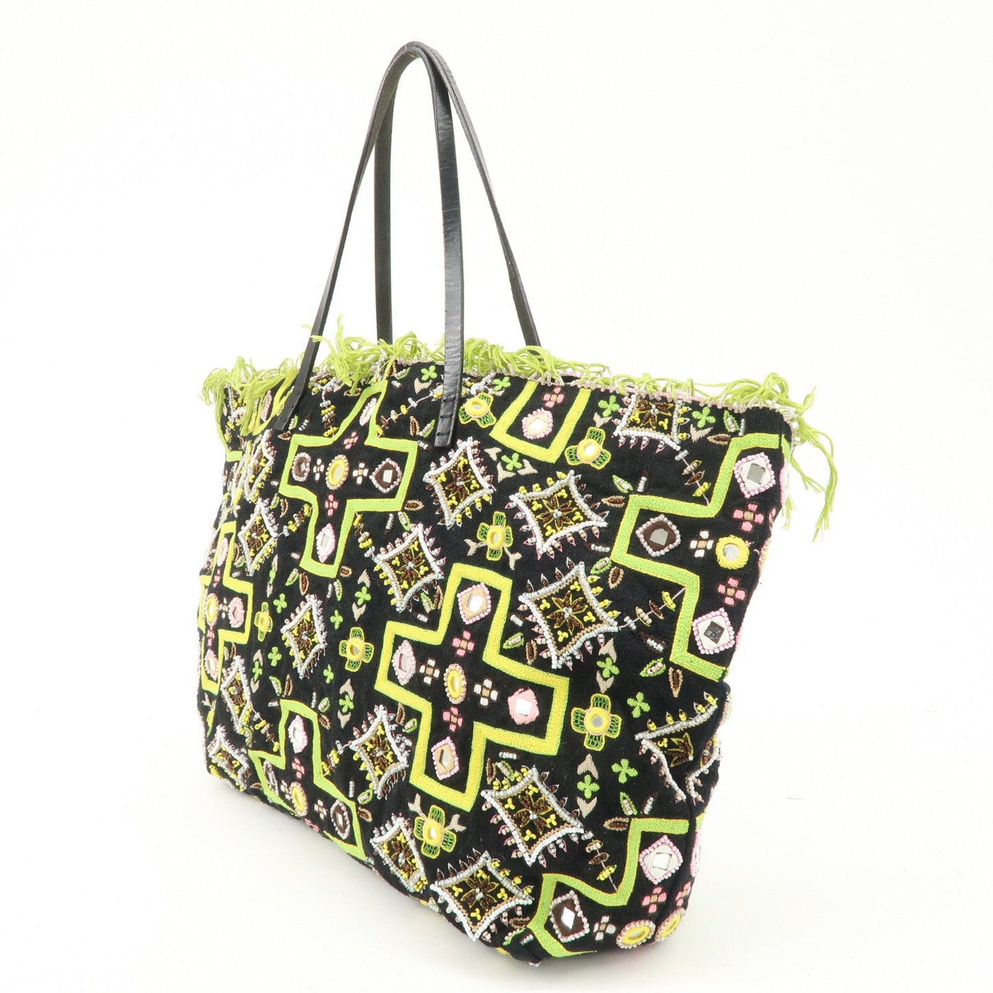 FENDI Canvas Leather Beaded Embroidery Tote Bag Hand Bag Black  d