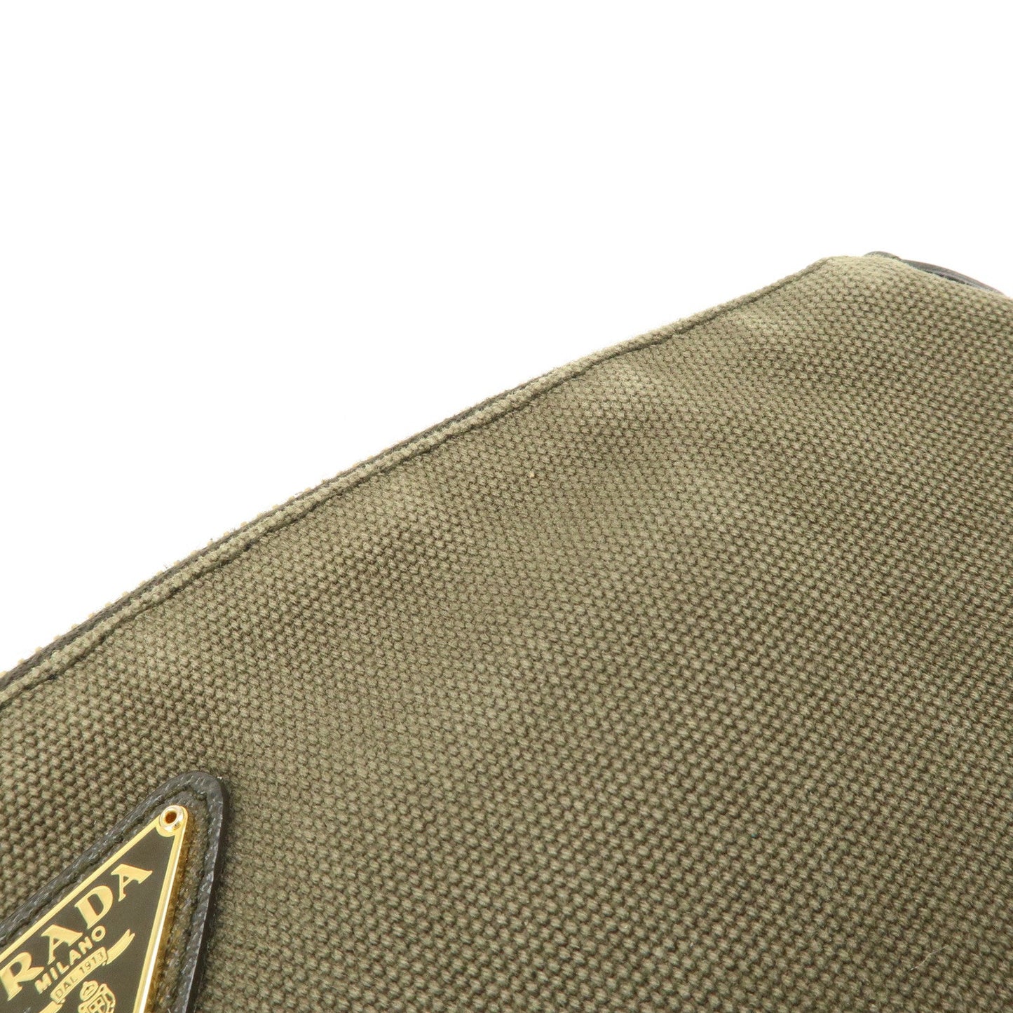 PRADA Triangle Logo Canvas Leather Cosmetic Pouch Khaki 1N1857  d