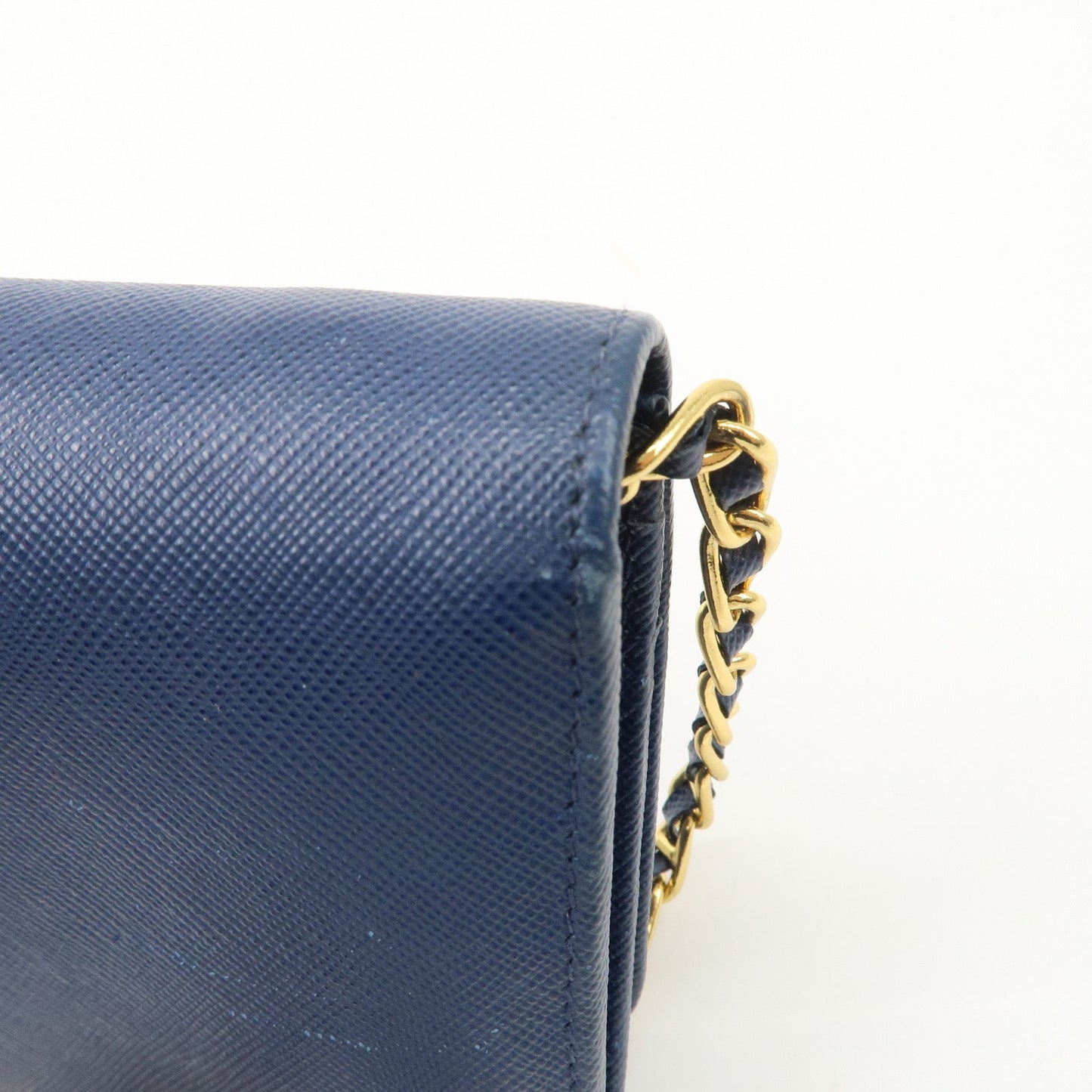 PRADA Logo Leather Chain Wallet WOC Blue Gold Hardware 1MT290  d