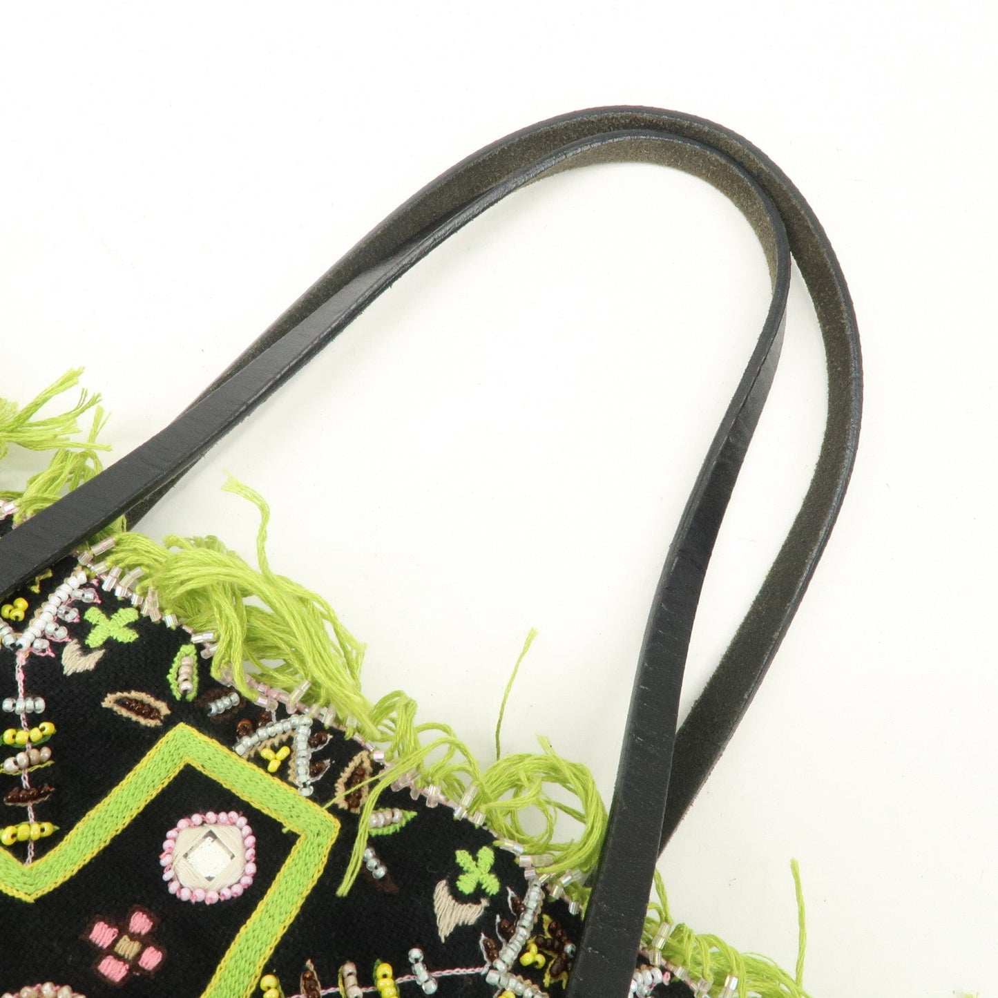 FENDI Canvas Leather Beaded Embroidery Tote Bag Hand Bag Black  d