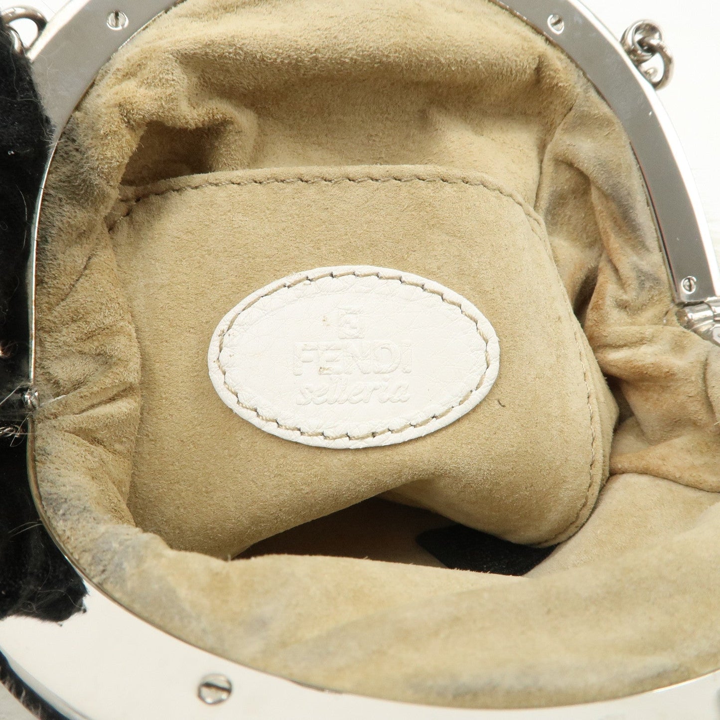 FENDI Seleria Leather Fur Flower Motif Kiss Lock Pouch Hand Bag 8BK048  d