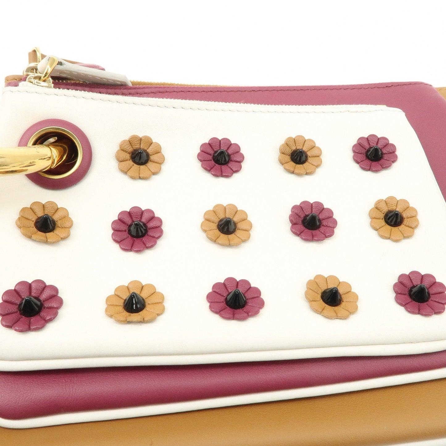 FENDI Leather Flower Studs Triplet Pouch Hand Bag 8BS001  d