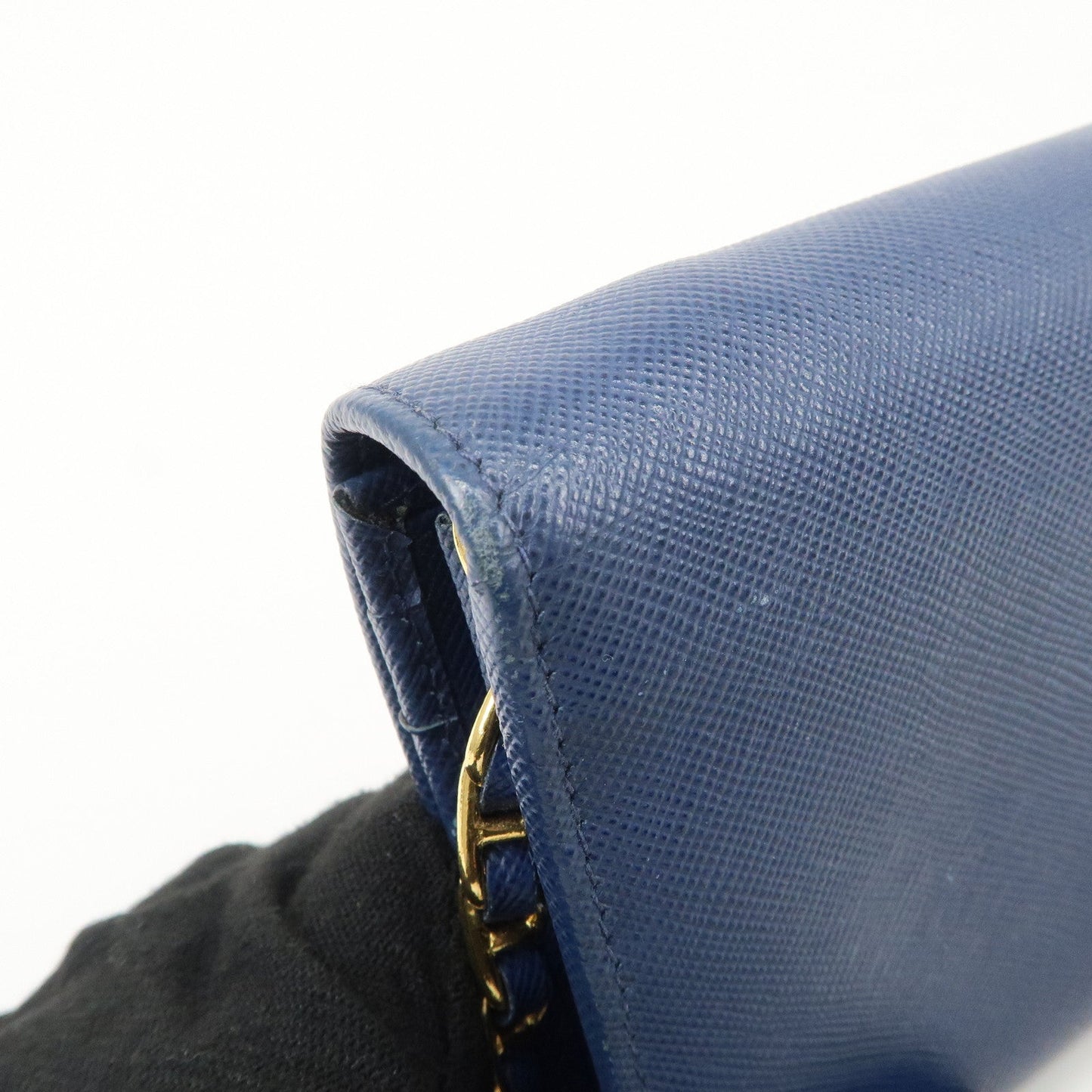 PRADA Logo Leather Chain Wallet WOC Blue Gold Hardware 1MT290  d