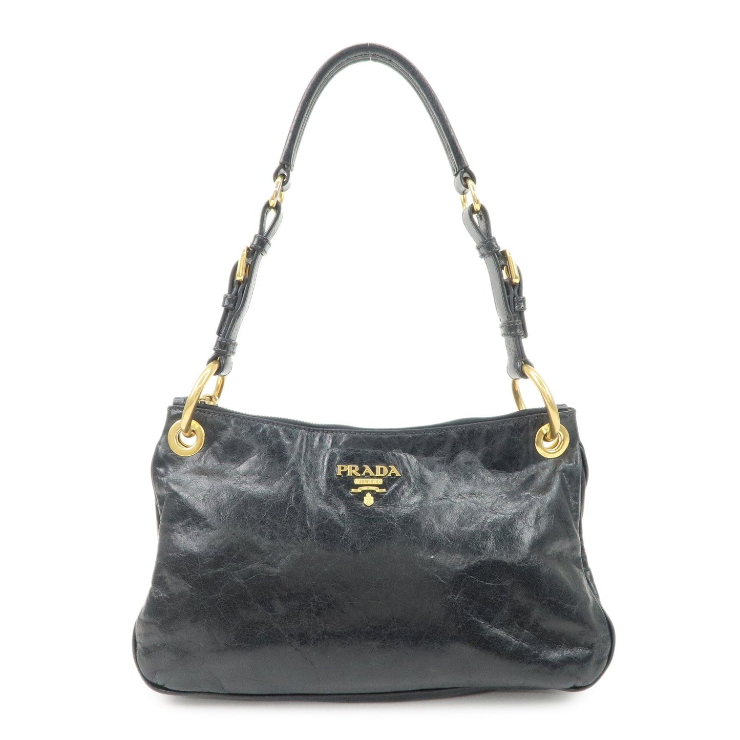 PRADA Logo Leather Shoulder Bag Hand Bag Gold Hardware Black  d