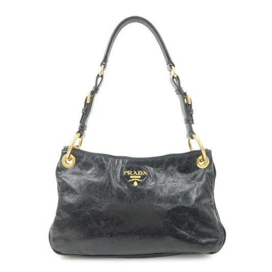 PRADA Logo Leather Shoulder Bag Hand Bag Gold Hardware Black  d