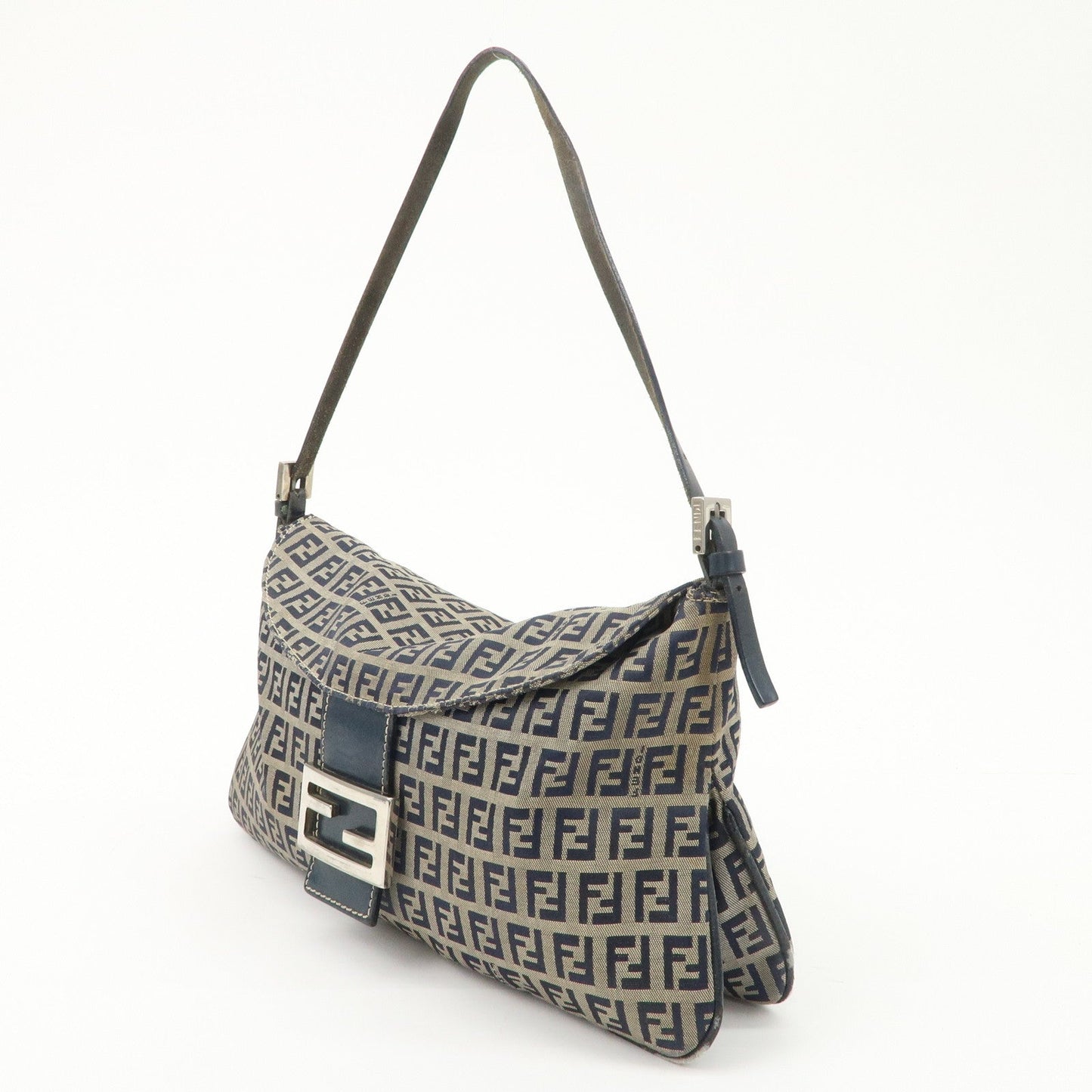 FENDI Zucchino Canvas Leather Shoulder Bag Hand Bag Grey Navy 26796  d