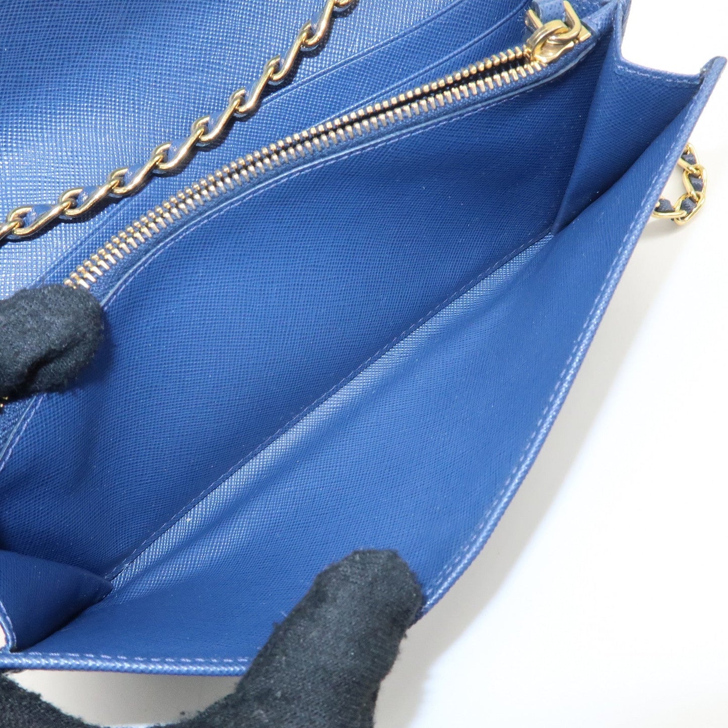 PRADA Logo Leather Chain Wallet WOC Blue Gold Hardware 1MT290  d