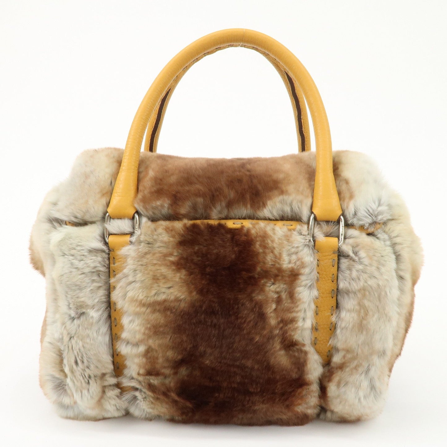 FENDI Seleria Leather Fur Mini Linda Hand Bag Brown White 8BR486  d