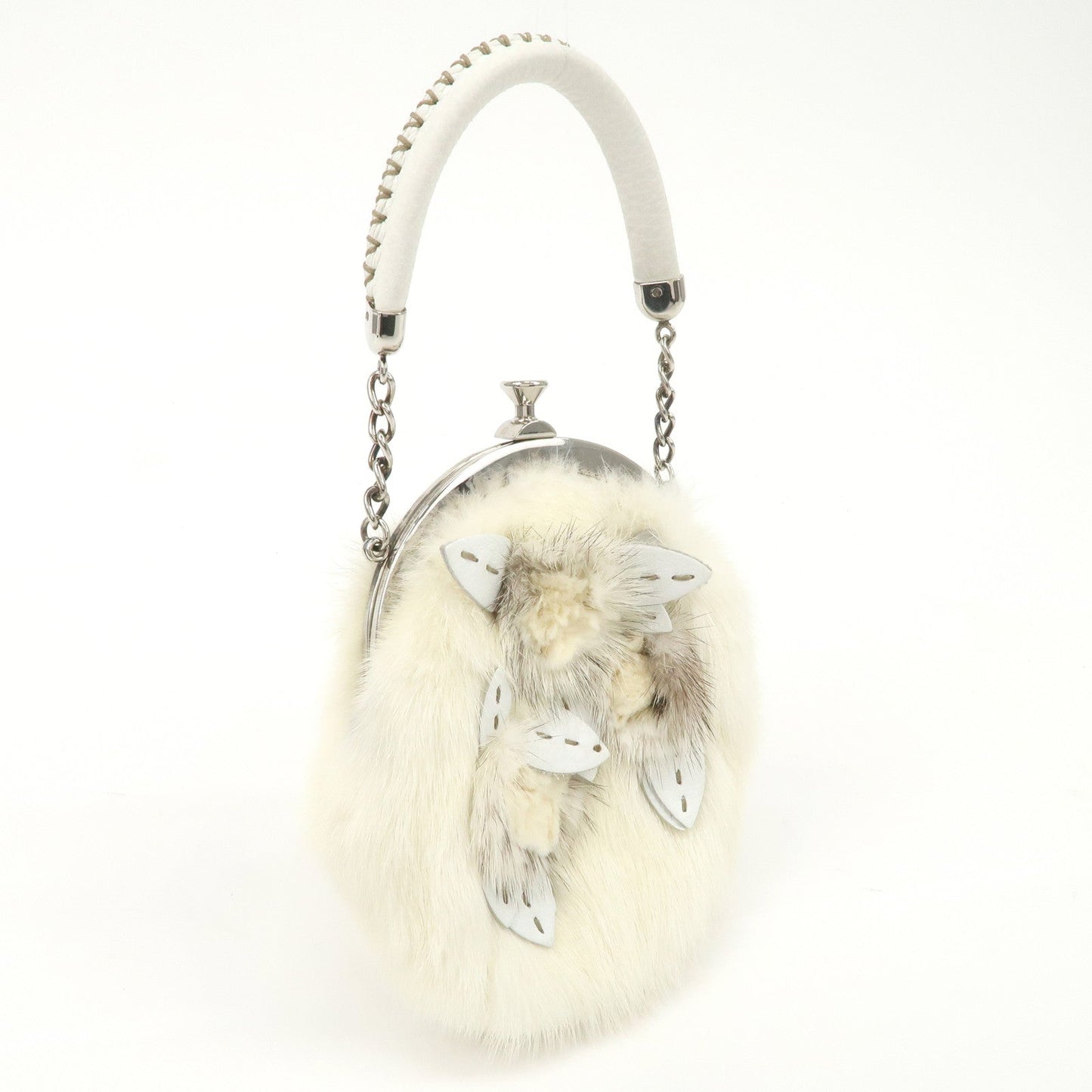 FENDI Seleria Leather Fur Flower Motif Kiss Lock Pouch Hand Bag 8BK048  d