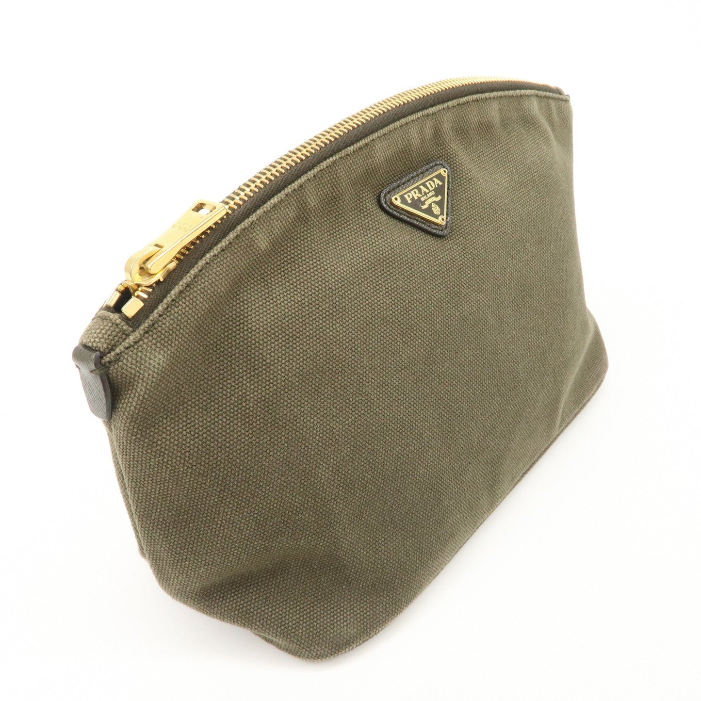 PRADA Triangle Logo Canvas Leather Cosmetic Pouch Khaki 1N1857  d