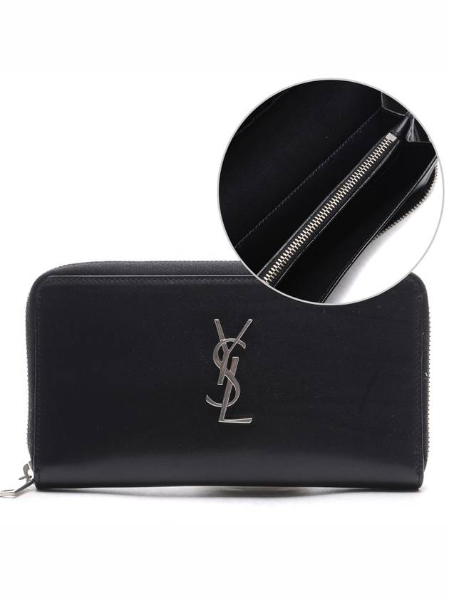 Luxury Saint Laurent Trending 2025 Silver Logo Monogram Zipper Long Wallet Black