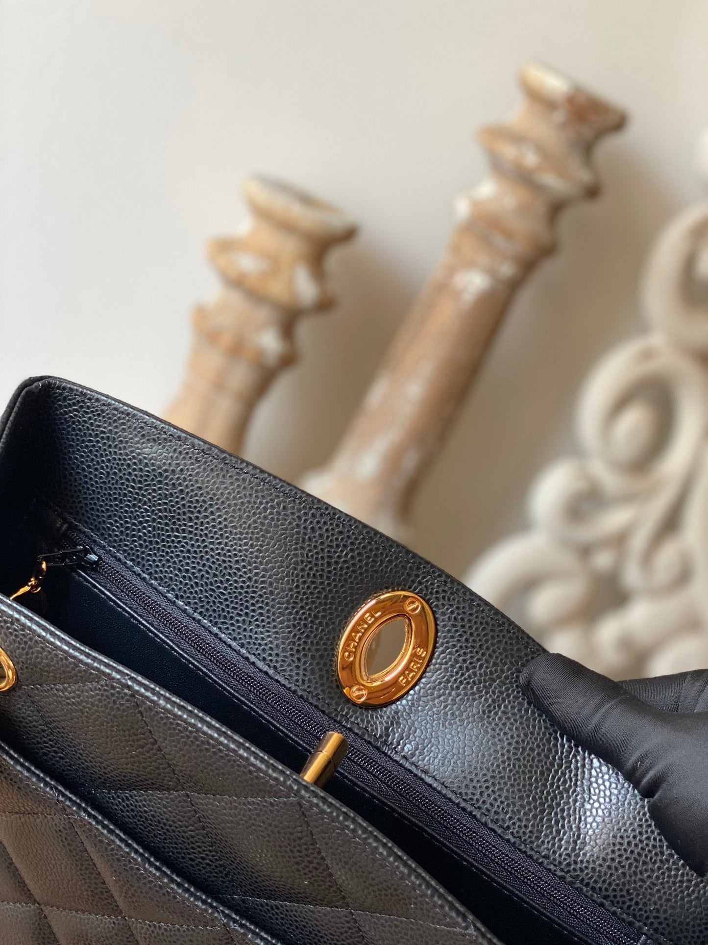 CHL Black Medium Quilted Caviar Tote Bag For Women 28cm/11in
